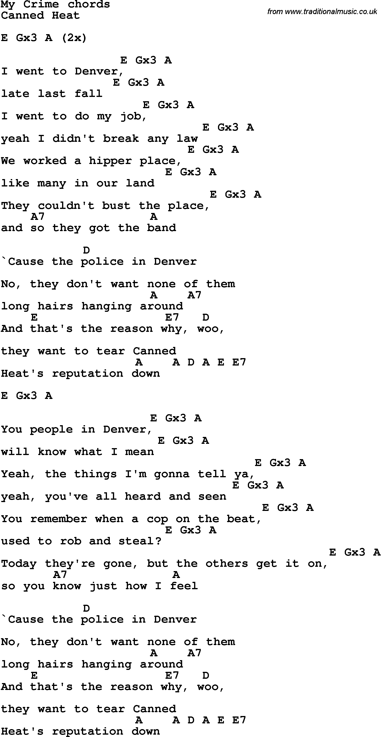 Song Lyrics with guitar chords for My Crime