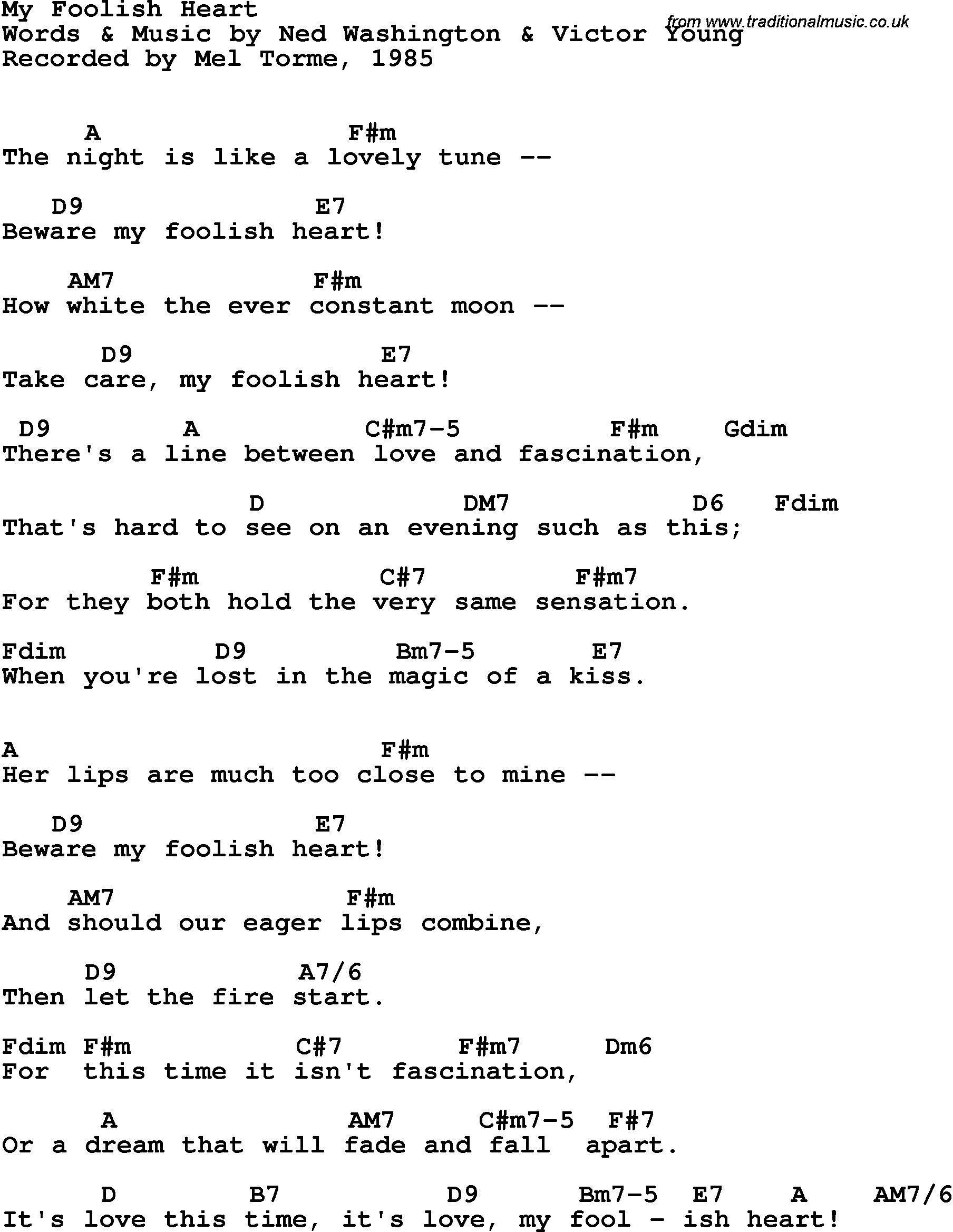 Song Lyrics with guitar chords for My Foolish Heart - Mel Torme, 1985