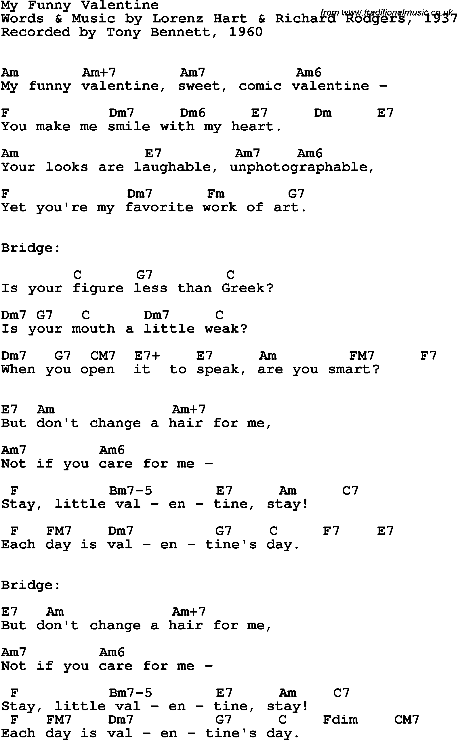 Song Lyrics with guitar chords for My Funny Valentine - Frank Sinatra, 1954