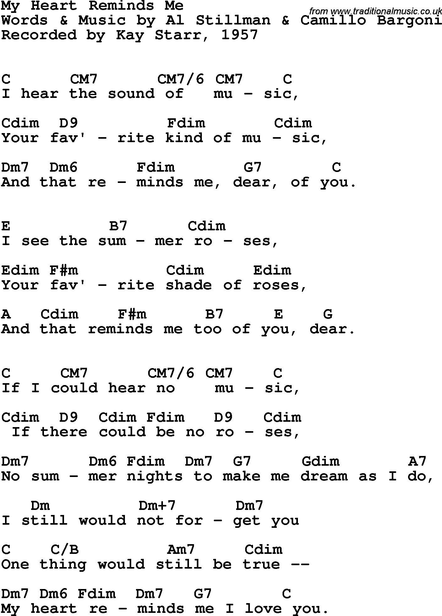 Song Lyrics with guitar chords for My Heart Reminds Me - Kay Starr, 1957