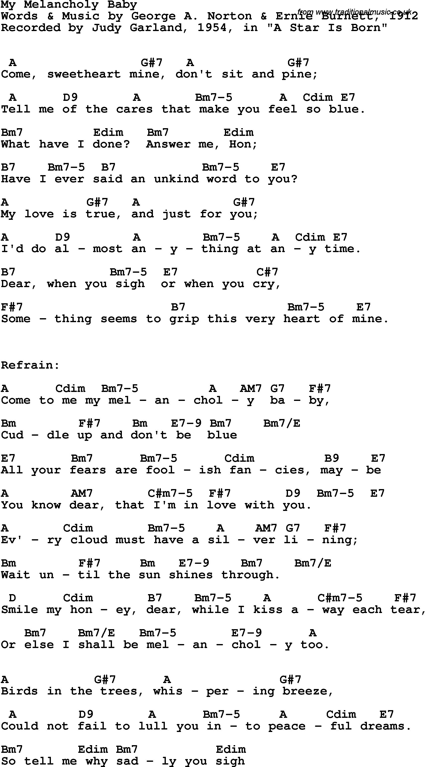 Song Lyrics with guitar chords for My Melancholy Baby - Judy Garland, 1954