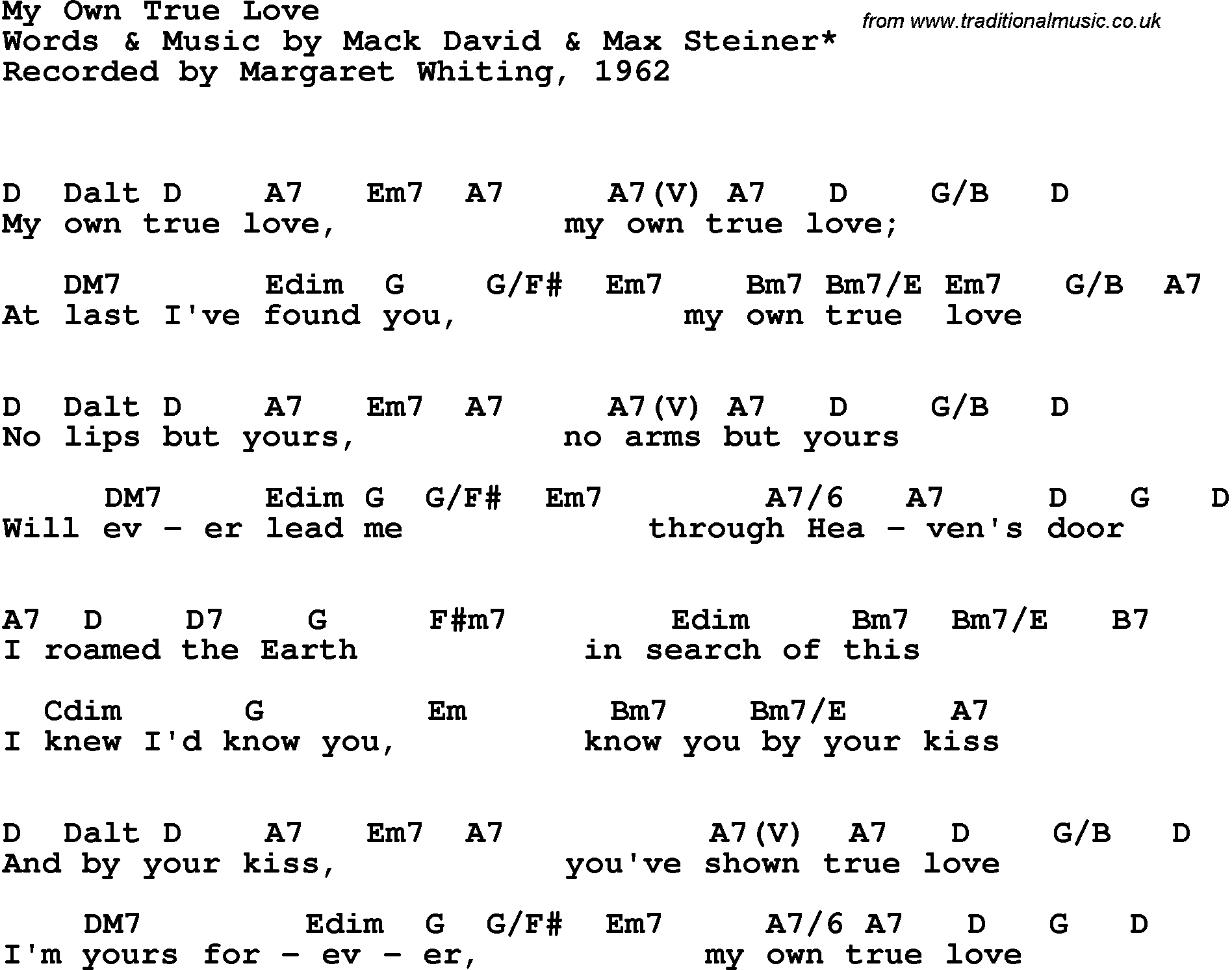 Song Lyrics with guitar chords for My Own True Love - Margaret Whiting, 1962