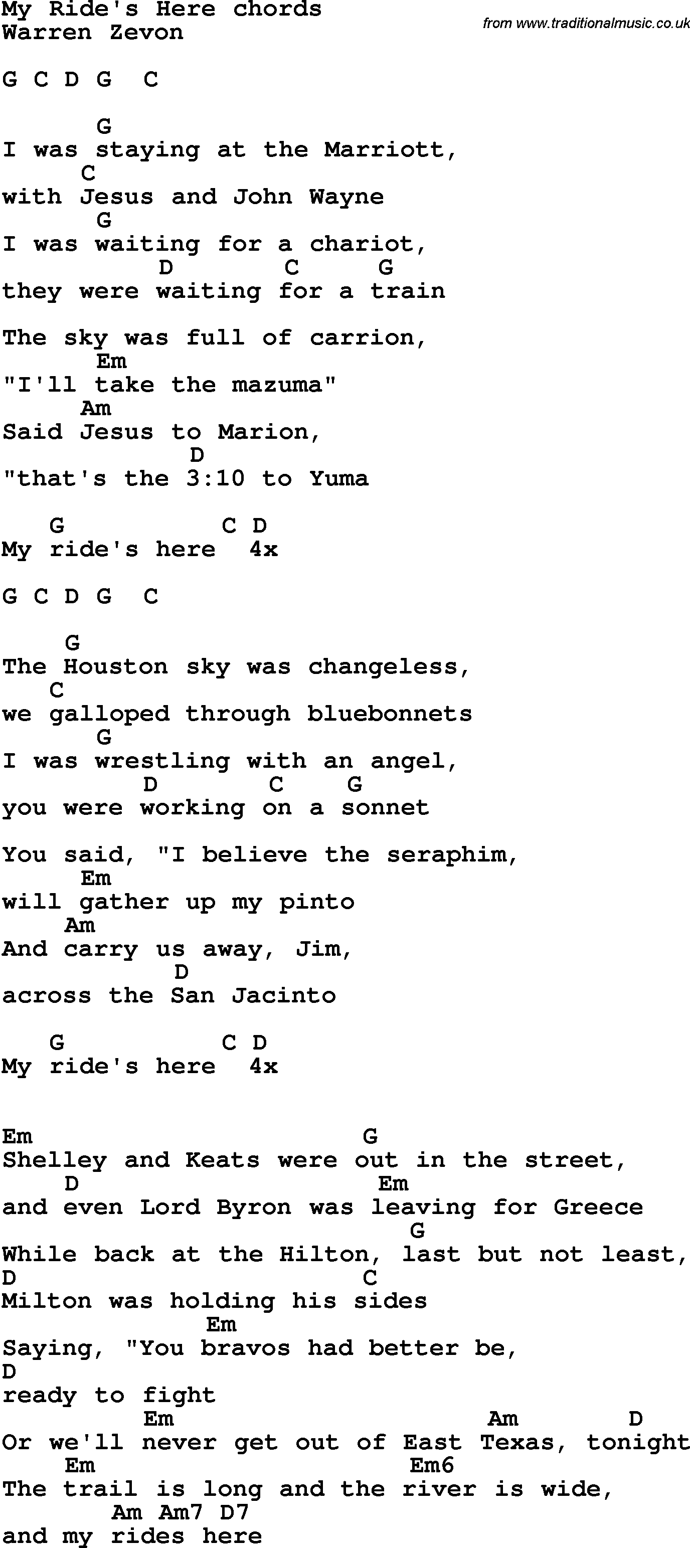 Song Lyrics with guitar chords for My Ride's Here