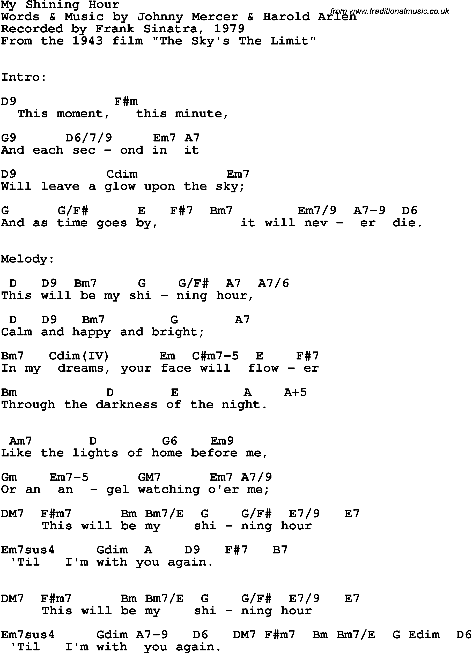 Song Lyrics with guitar chords for My Shining Hour - Frank Sinatra, 1979