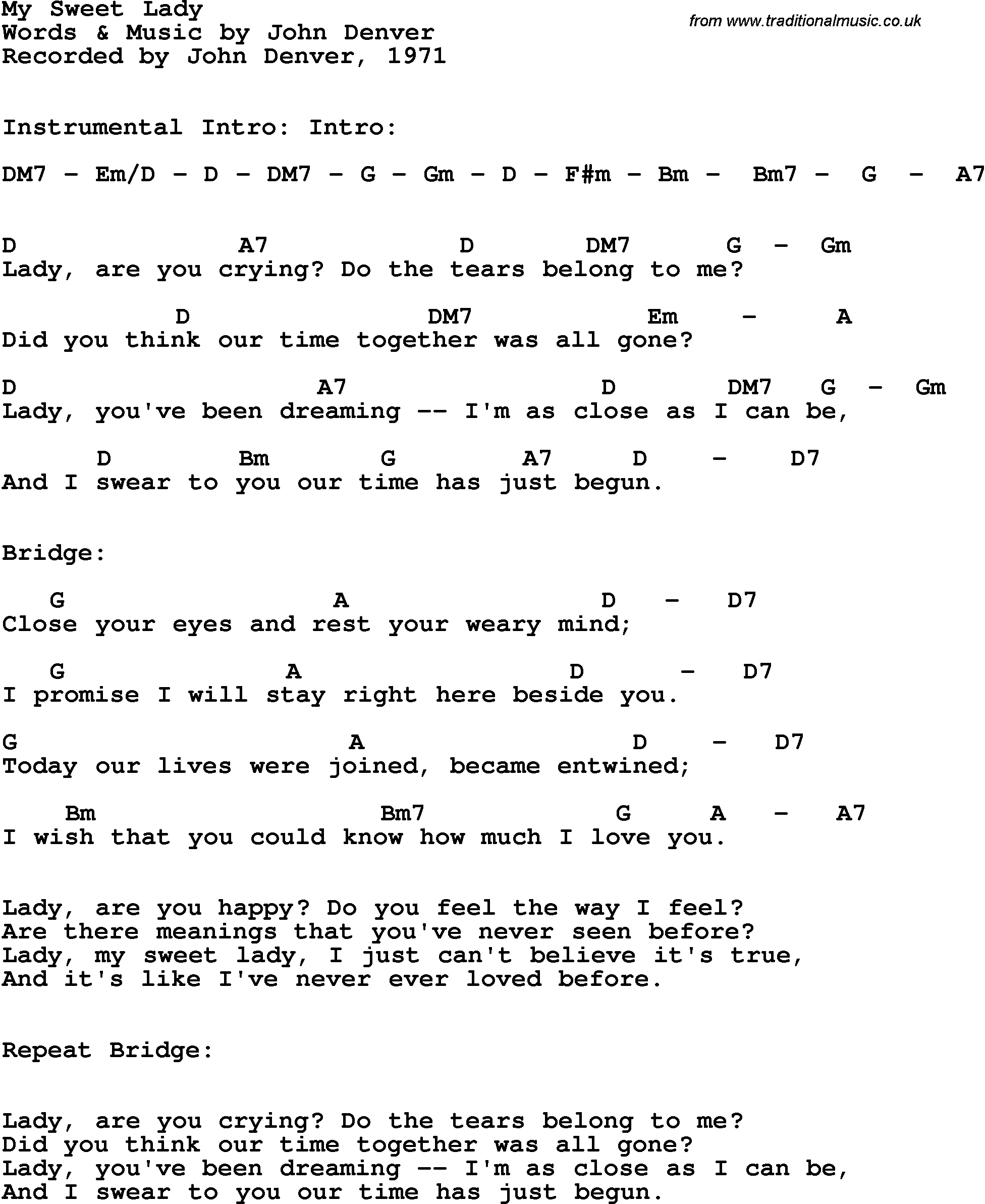 Song Lyrics with guitar chords for My Sweet Lady - John Denver, 1971