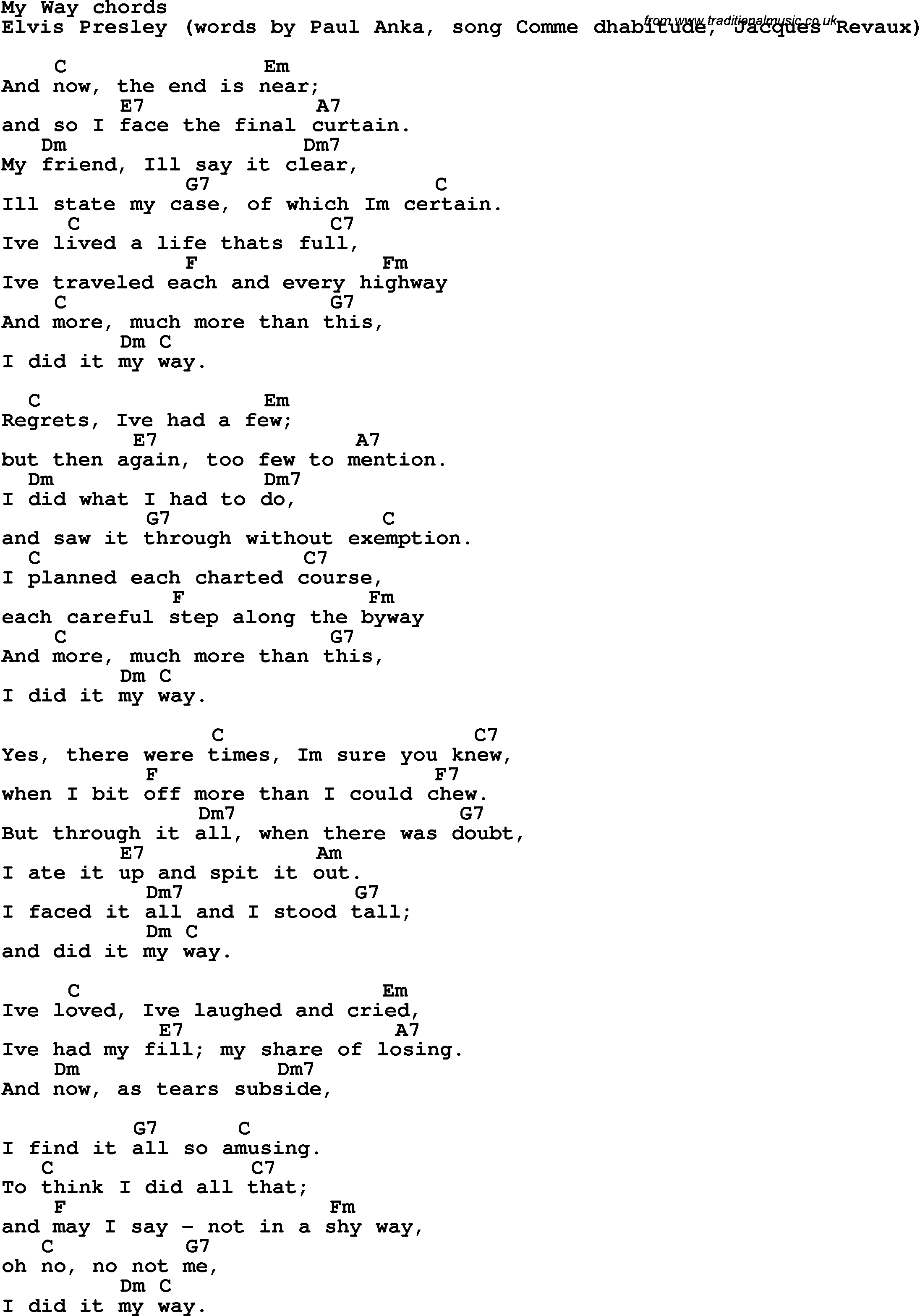Song Lyrics with guitar chords for My Way - Elvis Presley