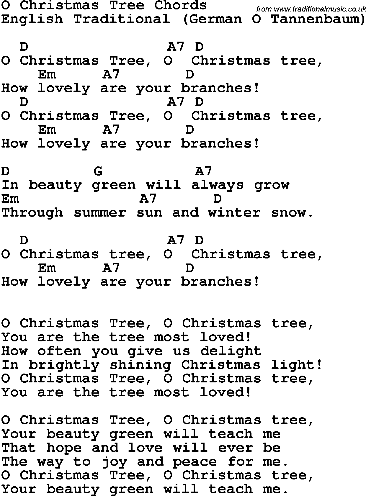 Song Lyrics with guitar chords for O Christmas Tree 2