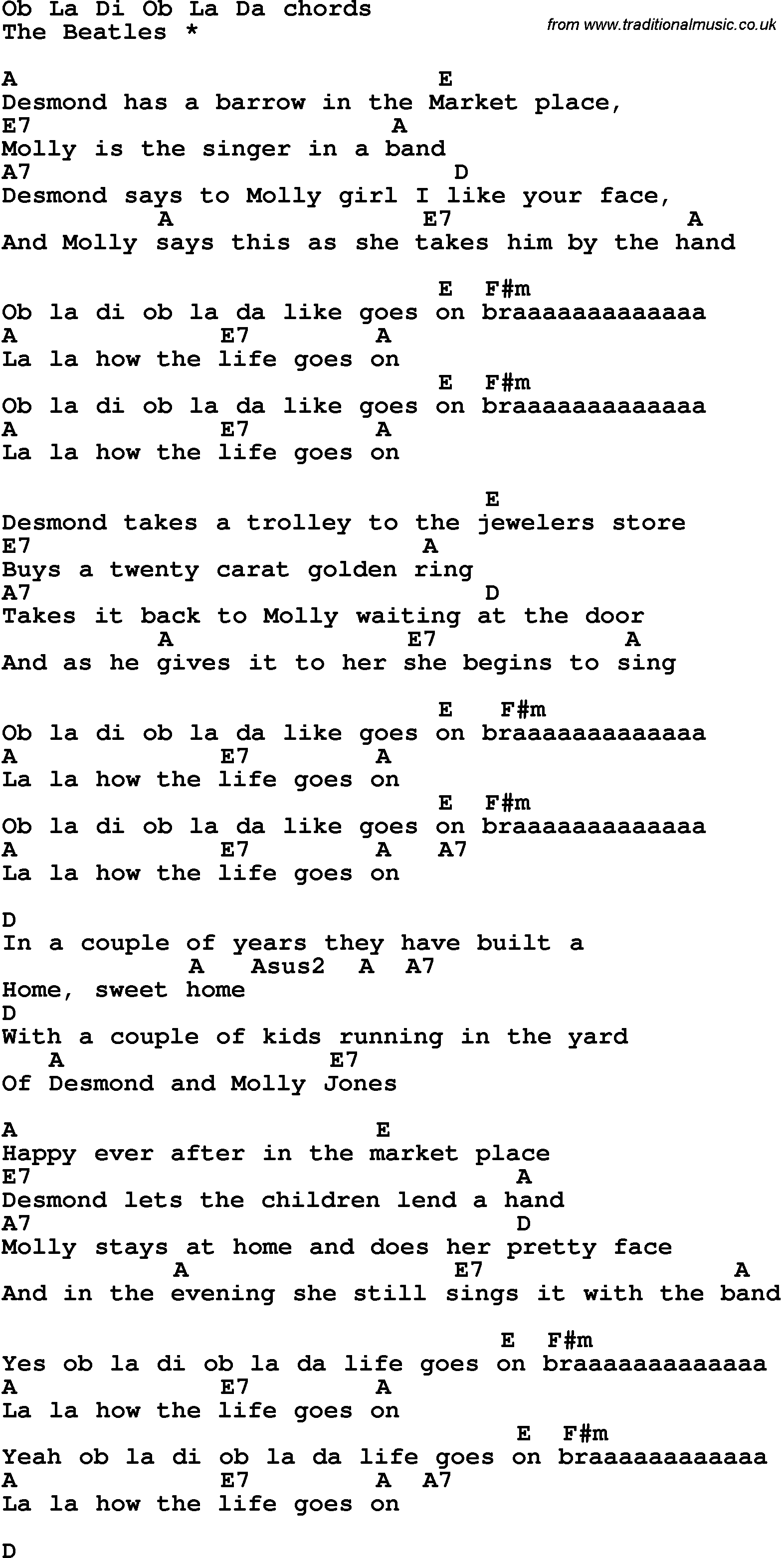 Song lyrics with guitar chords for Ob La Di Ob La Da - The Beatles.