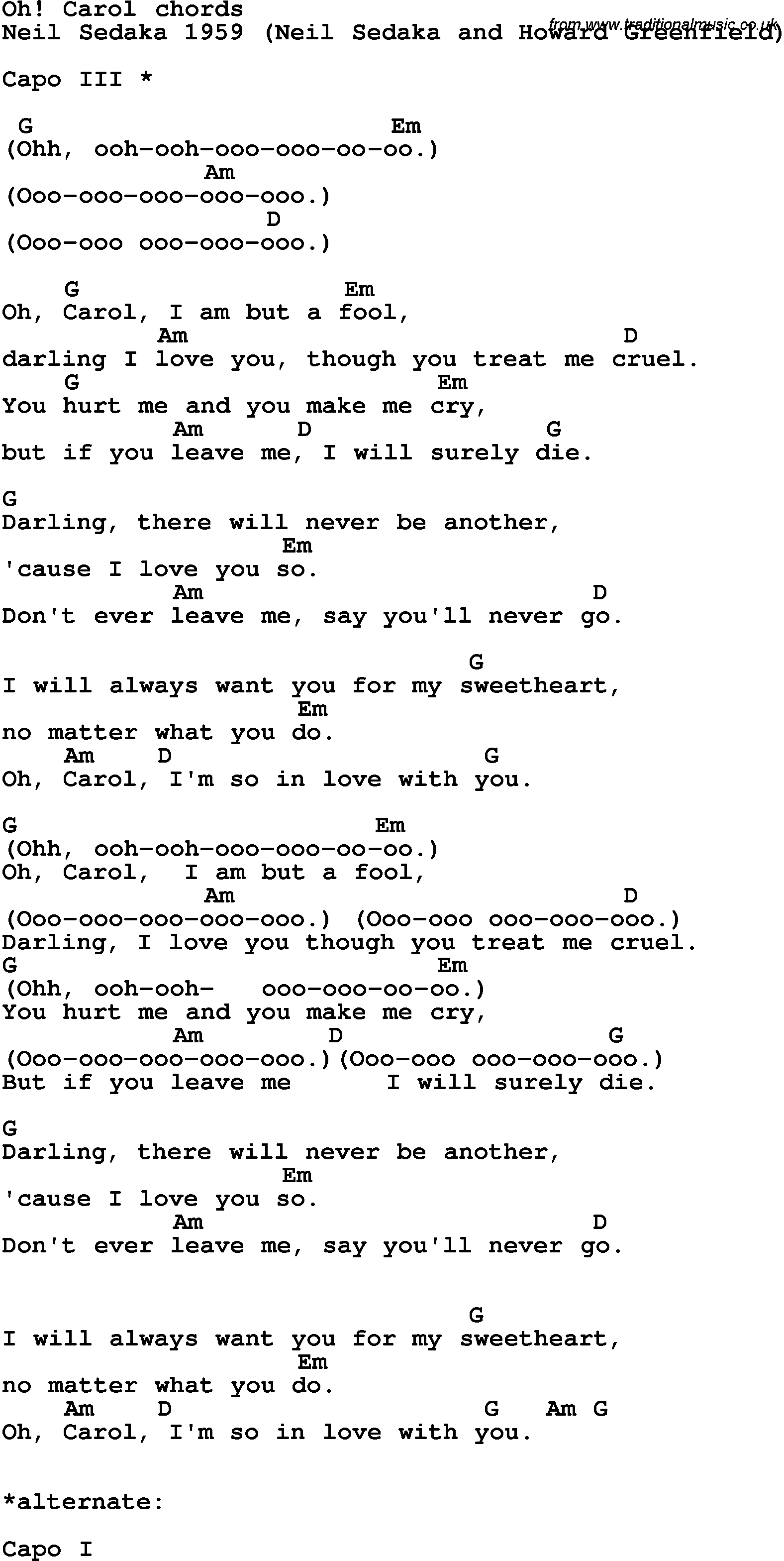 Song Lyrics with guitar chords for Oh! Carol