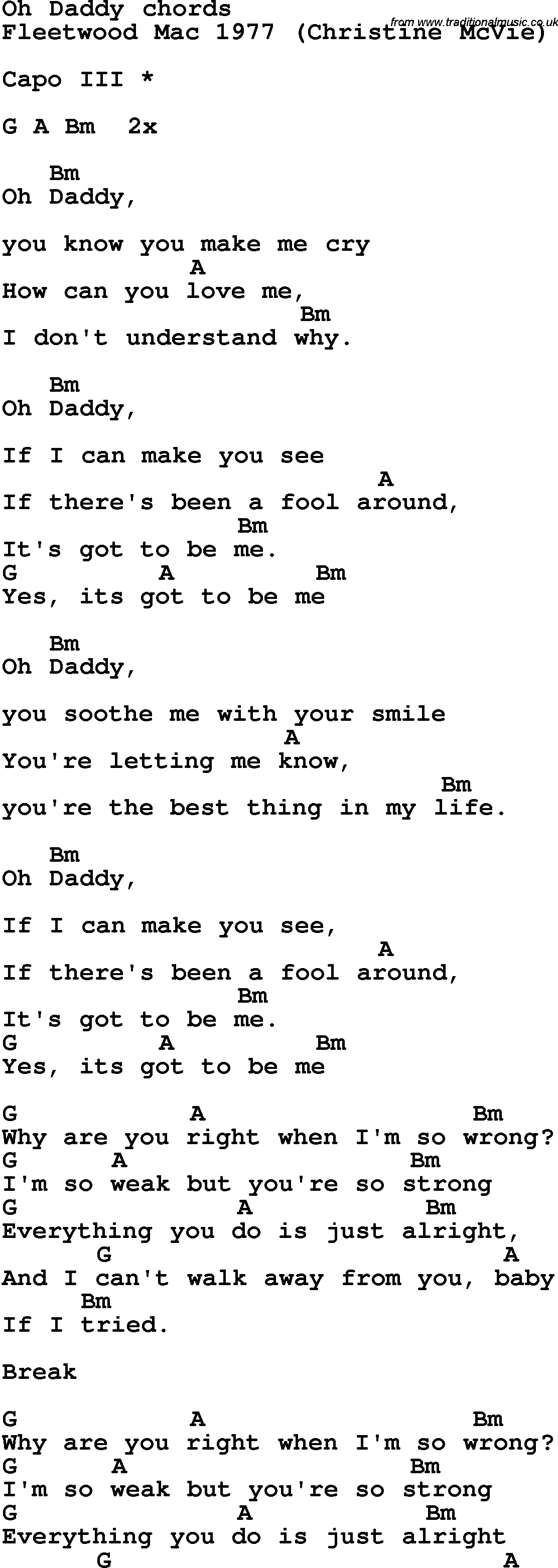 Song Lyrics with guitar chords for Oh Daddy