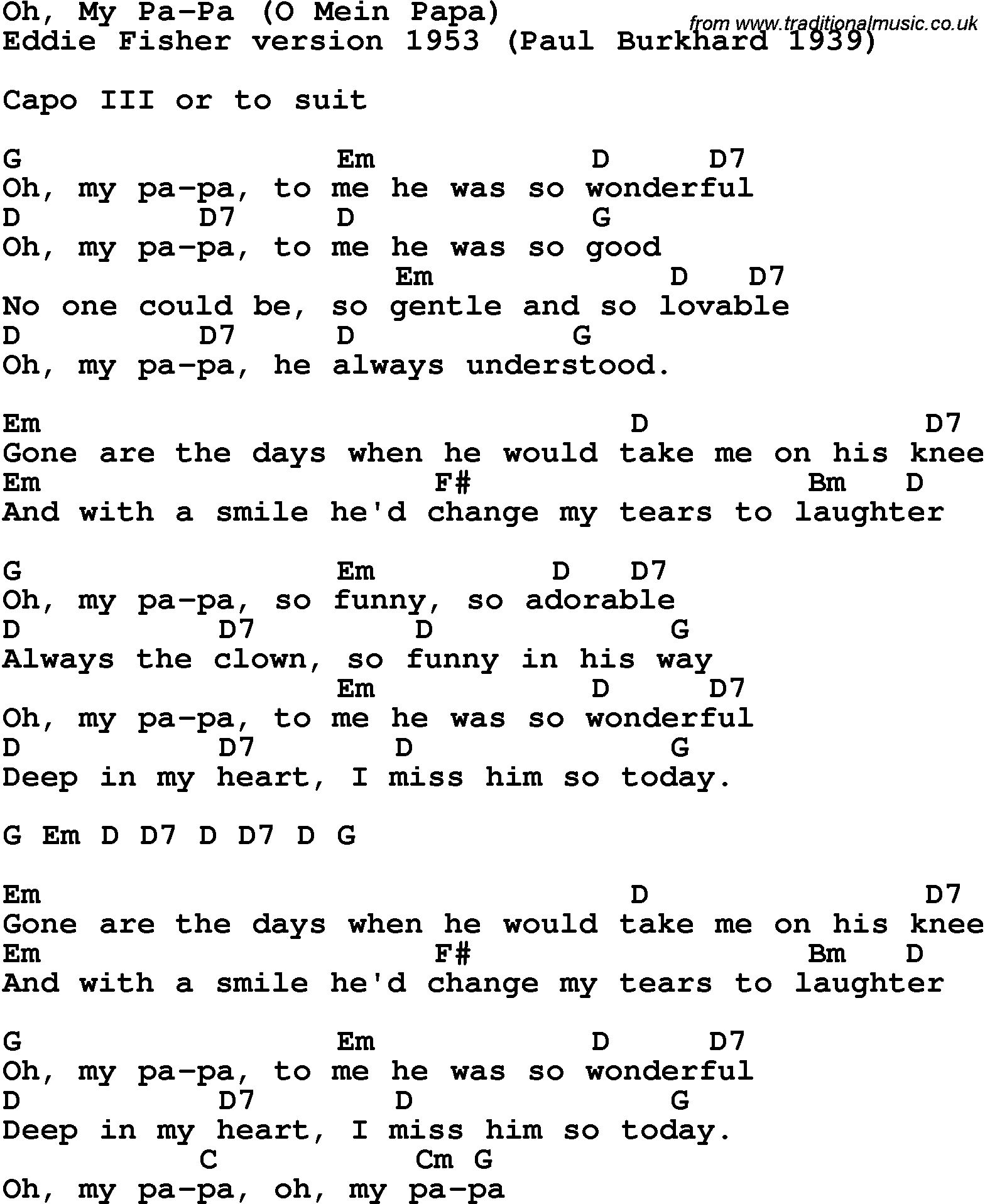 Song Lyrics with guitar chords for Oh, My Pa Pa