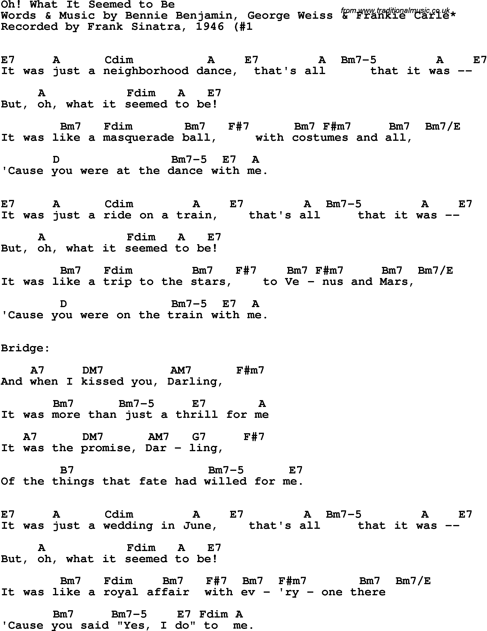 Song Lyrics with guitar chords for Oh! What It Seemed To Be - Frank Sinatra, 1946