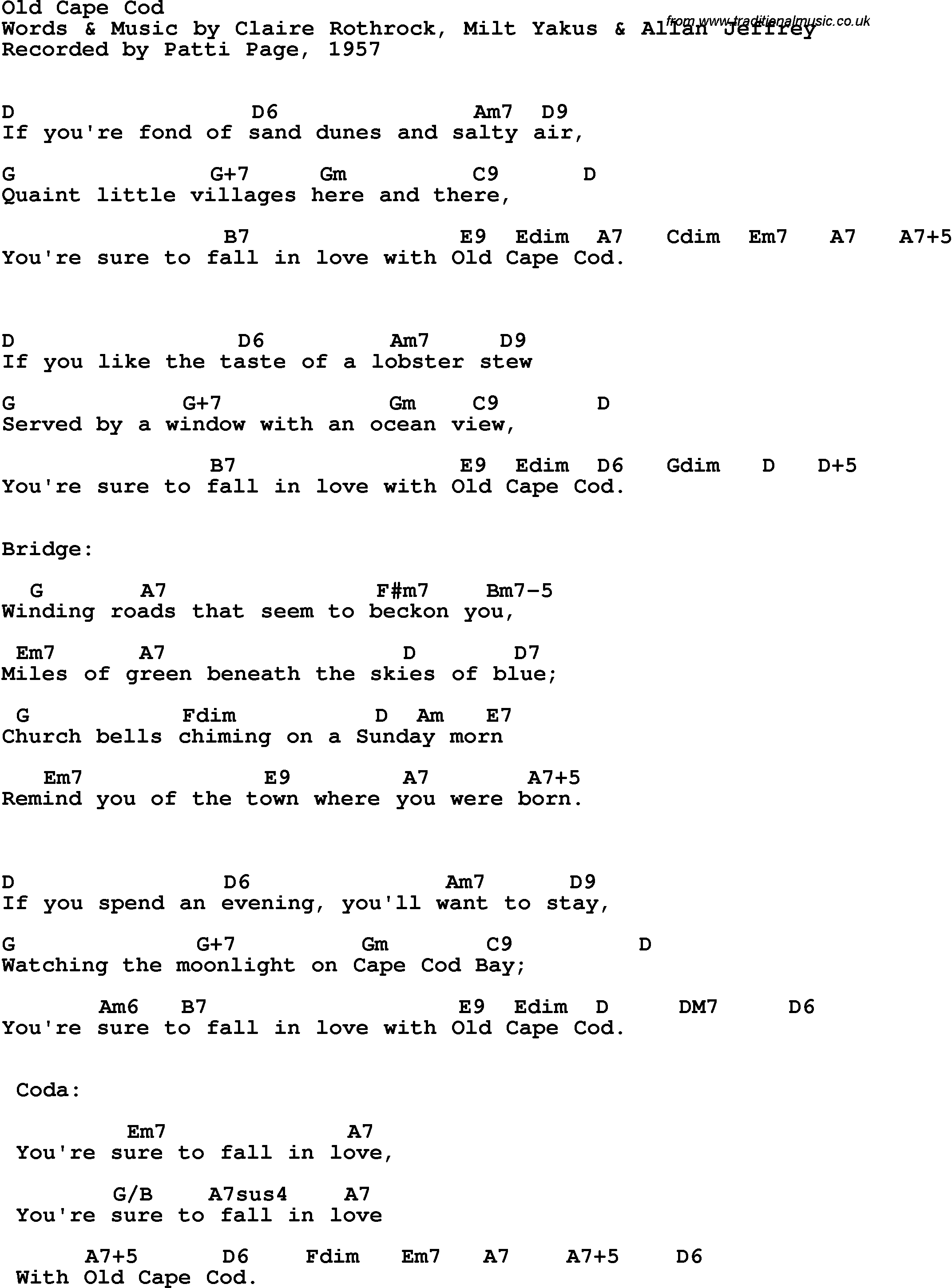 Song lyrics with guitar chords for Old Cod - Patti Page, 1957