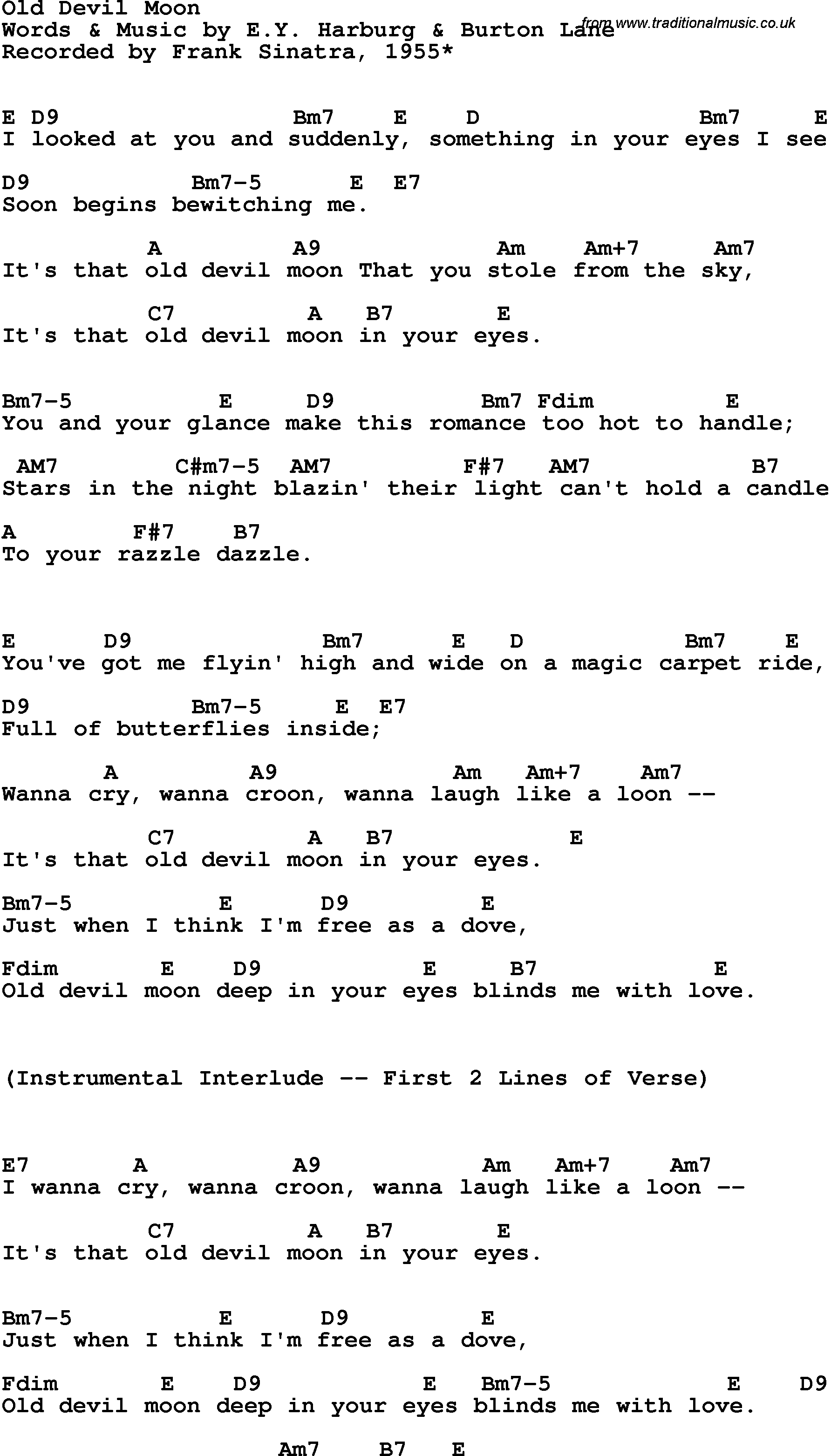 Song Lyrics with guitar chords for Old Devil Moon - Frank Sinatra, 1955