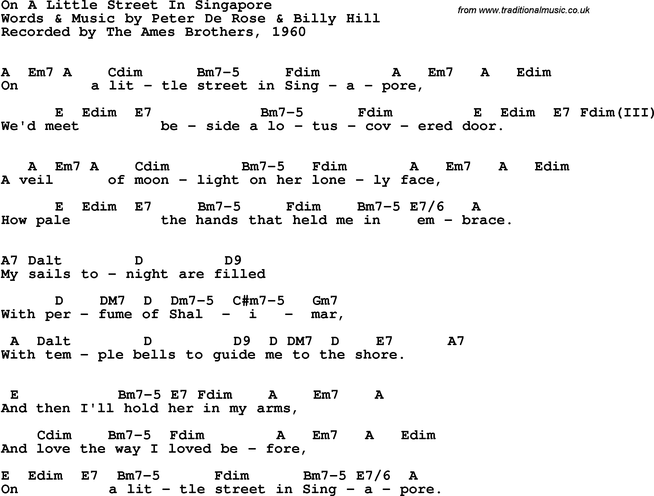Song Lyrics with guitar chords for On A Little Street In Singapore - The Ames Brothers, 1960