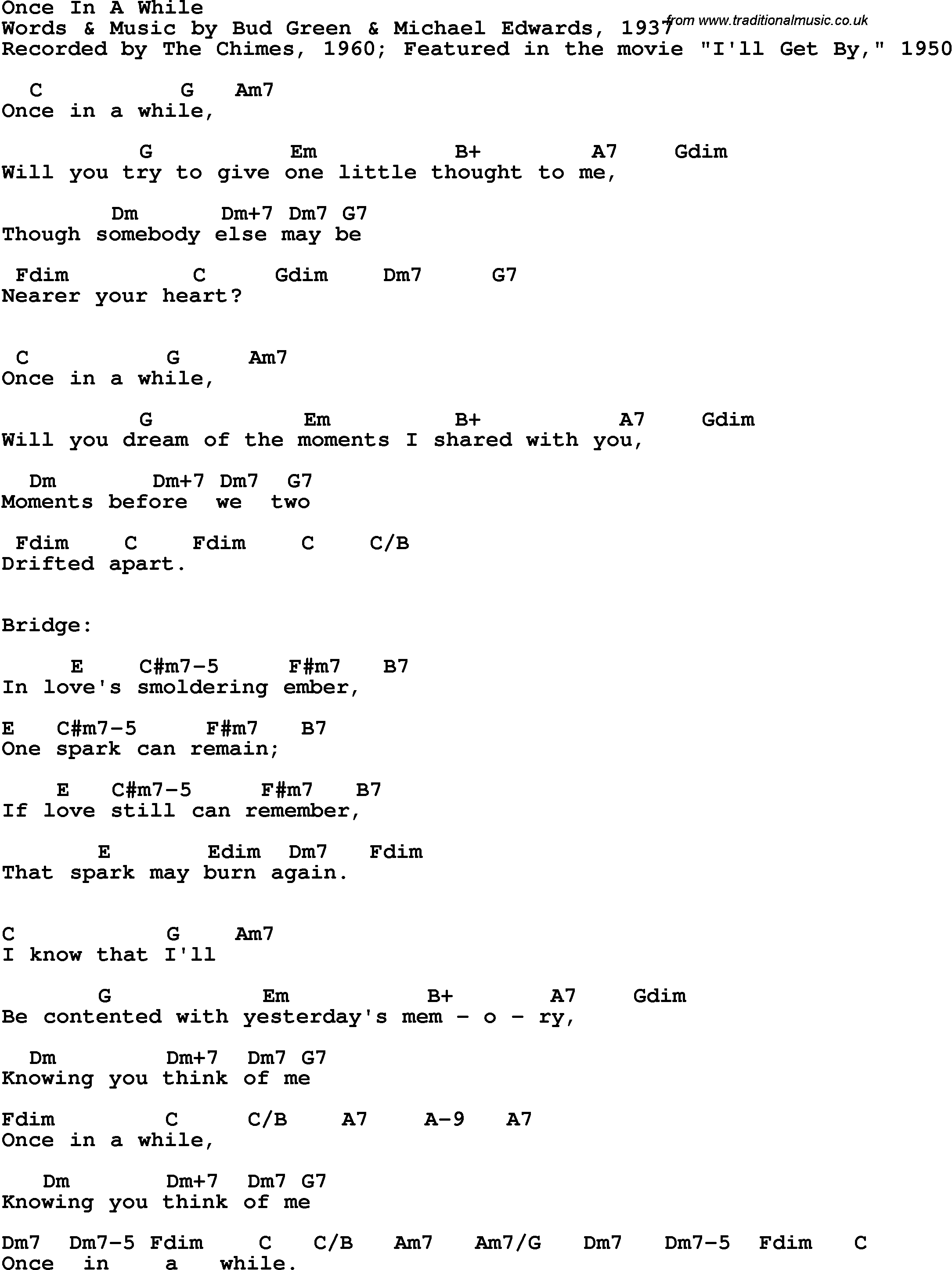 Song Lyrics with guitar chords for Once In A While - The Chimes, 1960