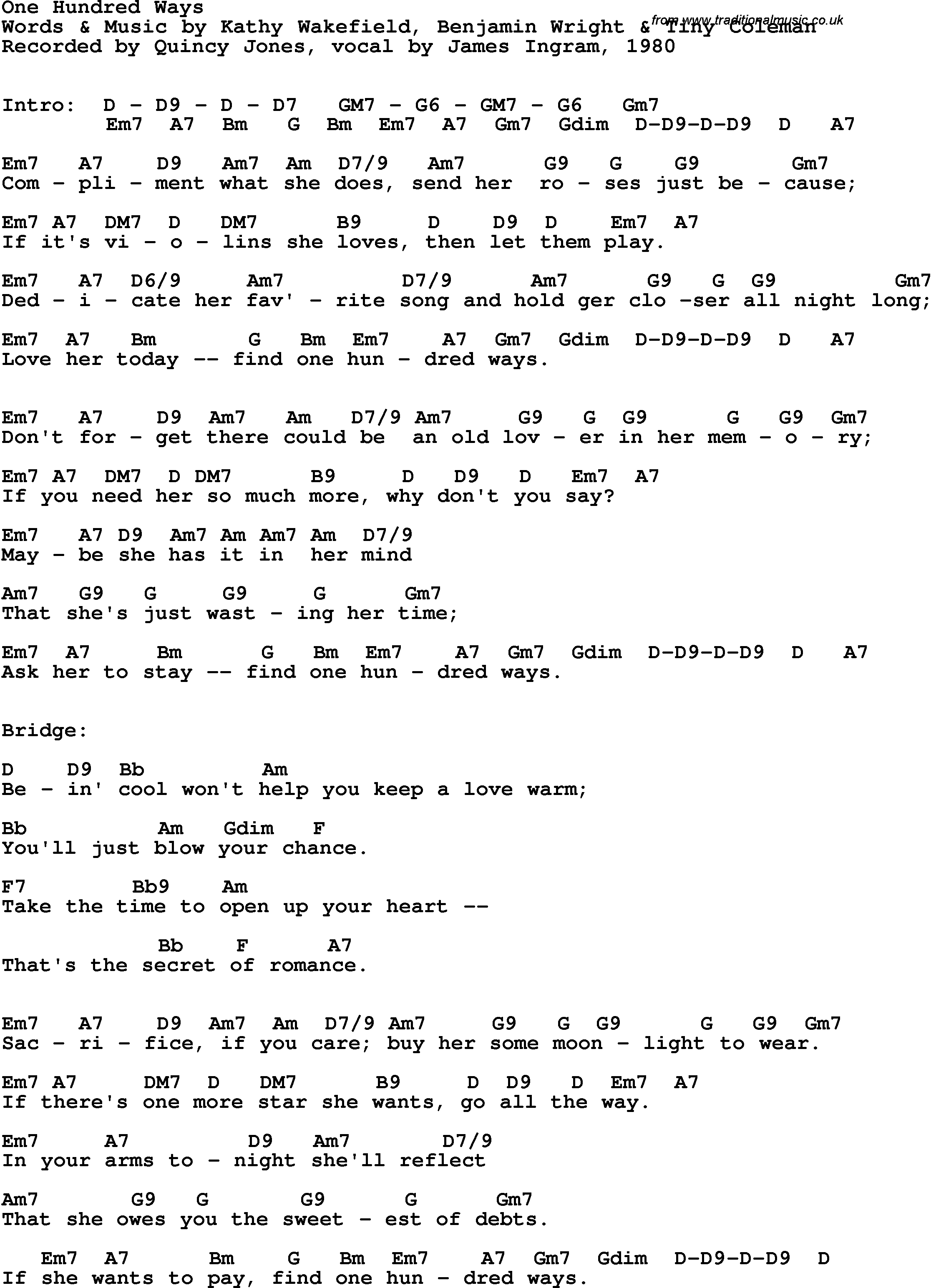 Song Lyrics with guitar chords for One Hundred Ways - Quincy Jones, 1980, James Ingram Vocal