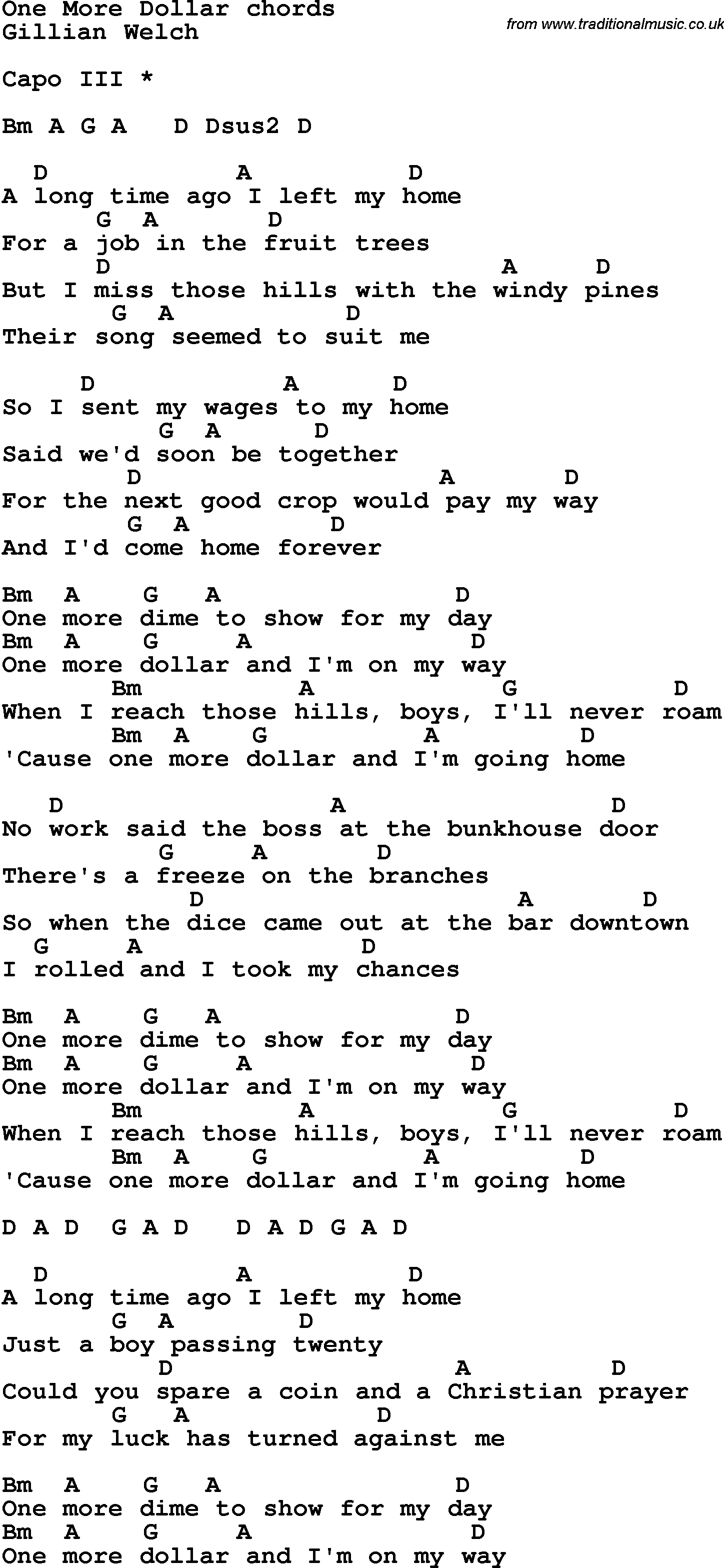 Song Lyrics with guitar chords for One More Dollar