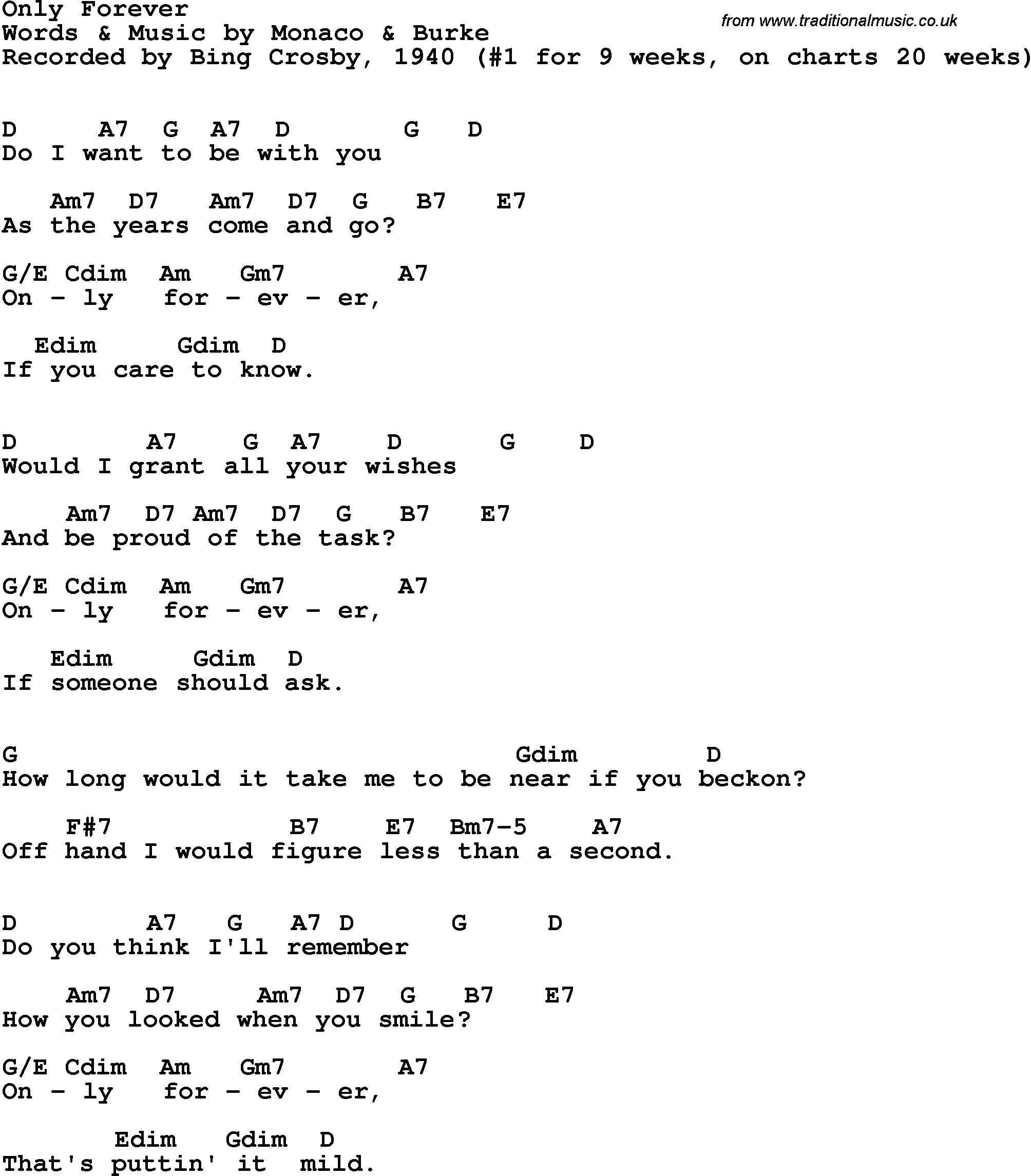 Song Lyrics with guitar chords for Only Forever - Bing Crosby, 1940