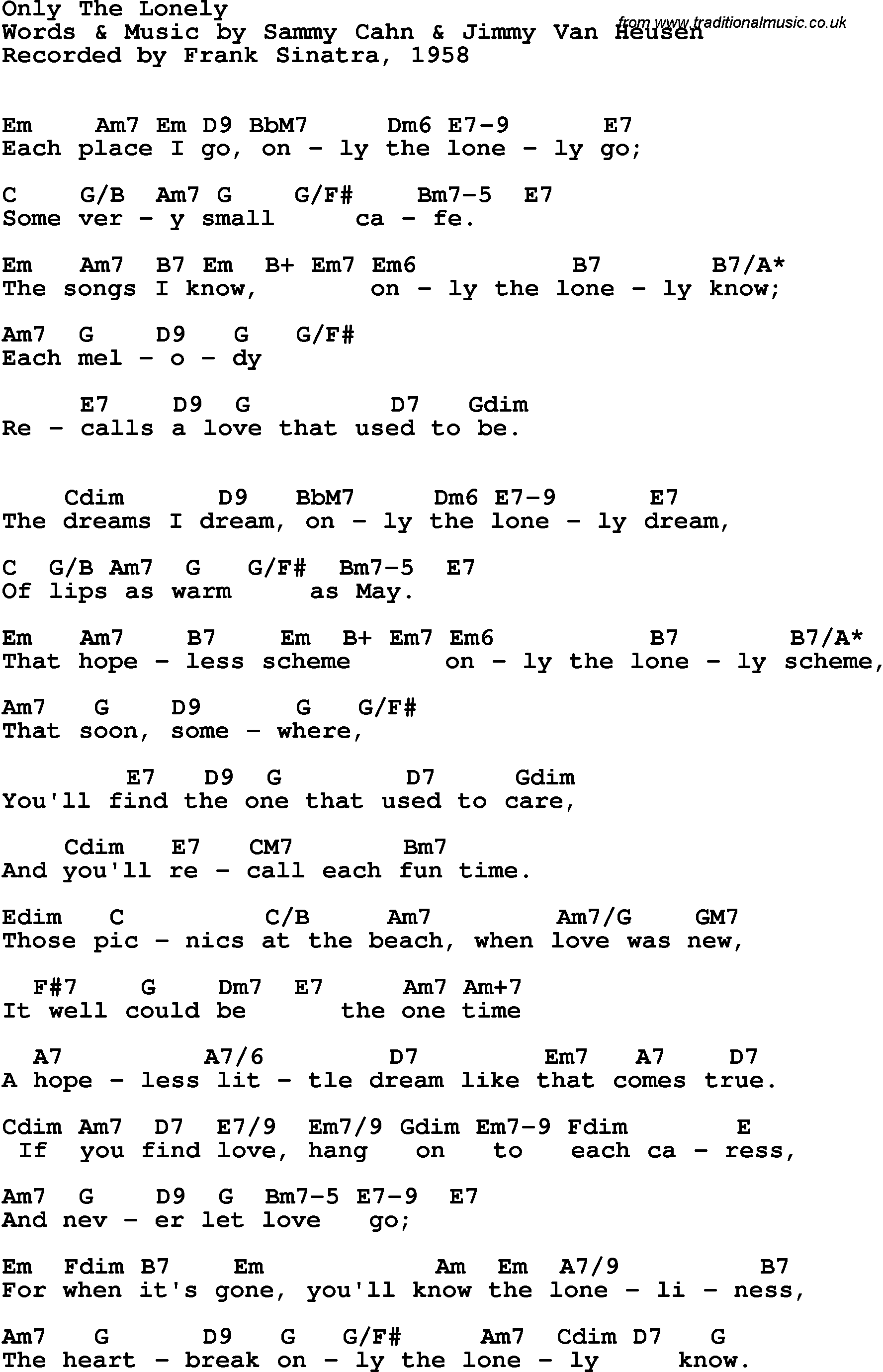Song Lyrics with guitar chords for Only The Lonely - Frank Sinatra, 1958