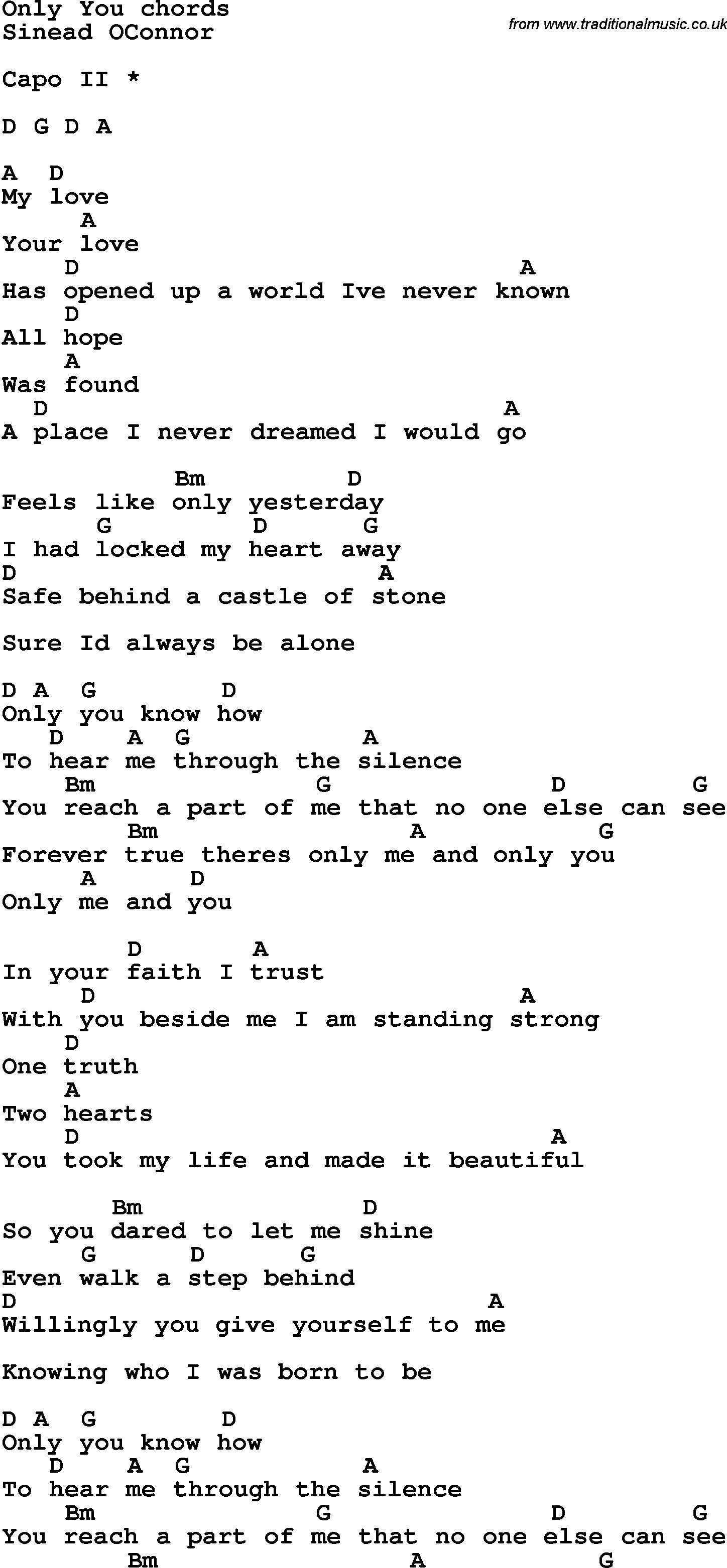Song Lyrics with guitar chords for Only You - Sinead O’connor