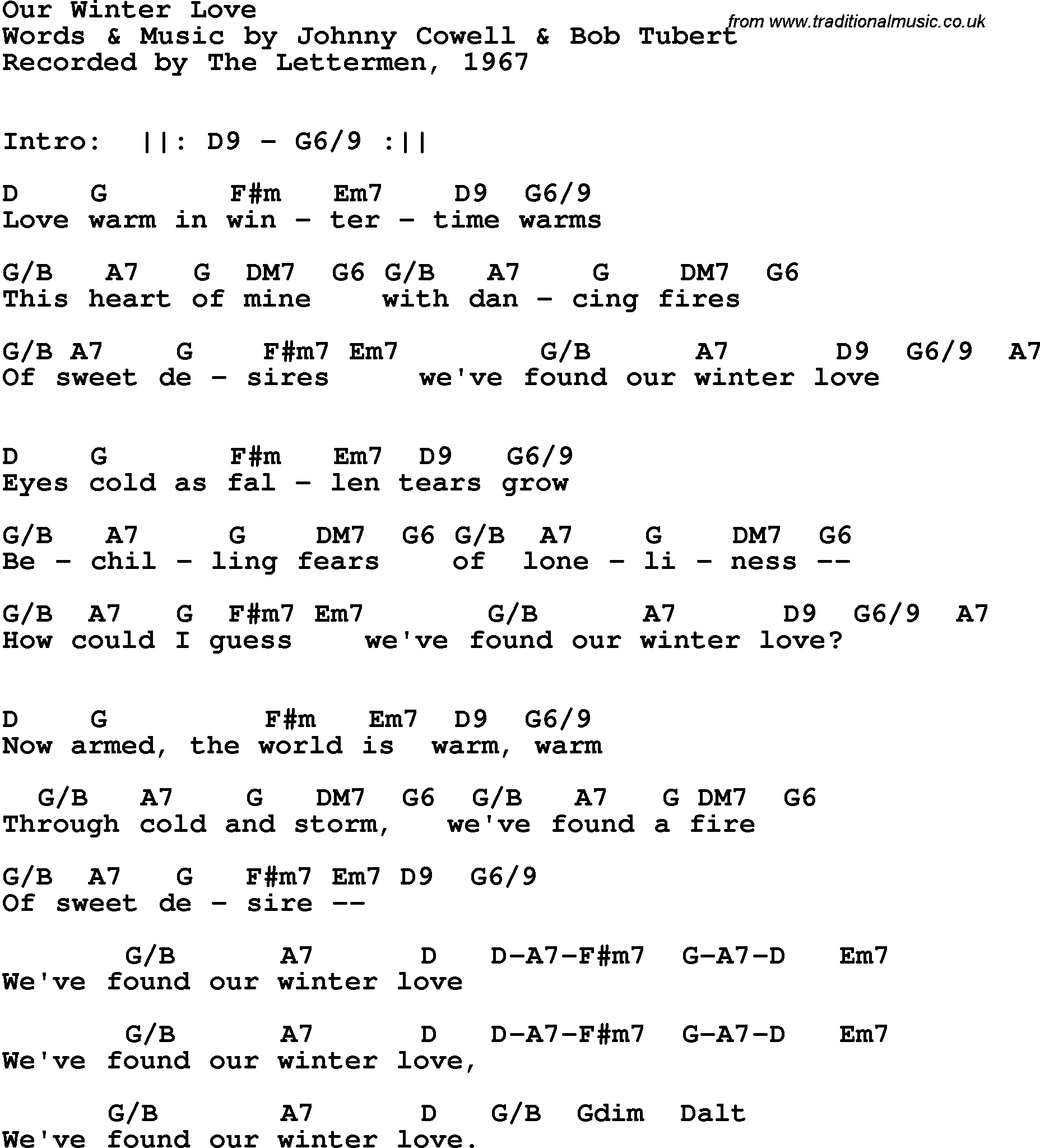 Song Lyrics with guitar chords for Our Winter Love - The Lettermen, 1967