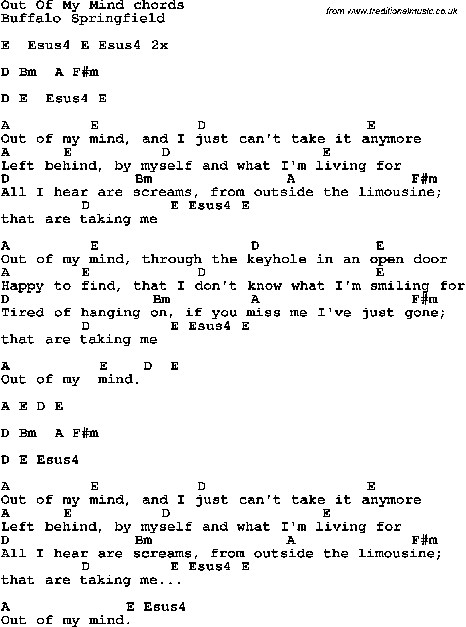 Song Lyrics with guitar chords for Out Of My Mind