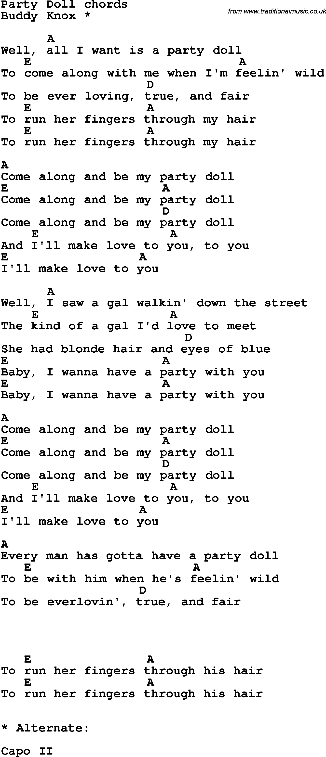 Song Lyrics with guitar chords for Party Doll
