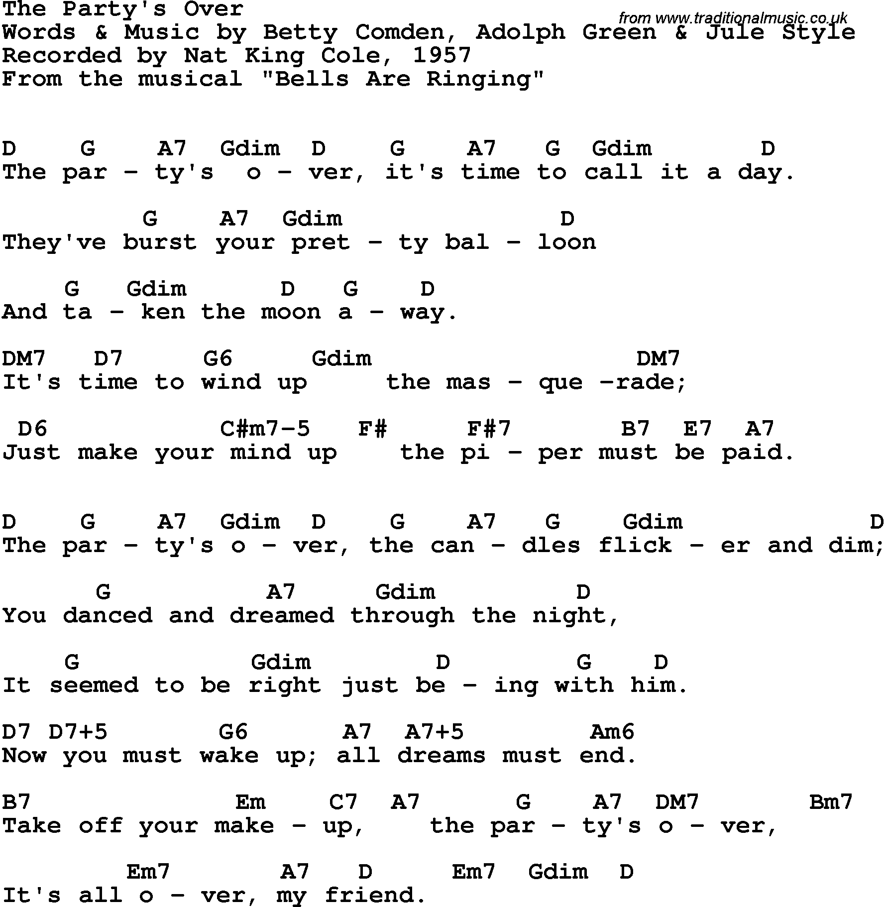 Song Lyrics with guitar chords for Party's Over, The - Nat King Cole, 1957