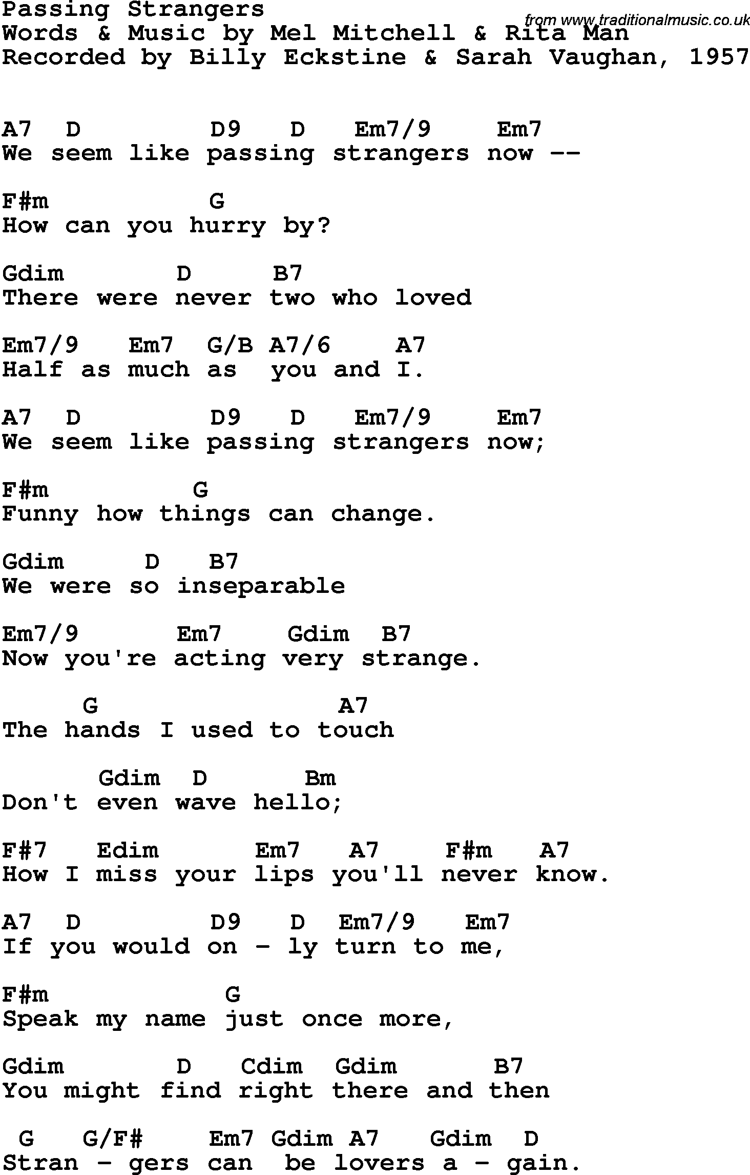 Song Lyrics with guitar chords for Passing Strangers - Sarah Vaughan & Billy Eckstine, 1957