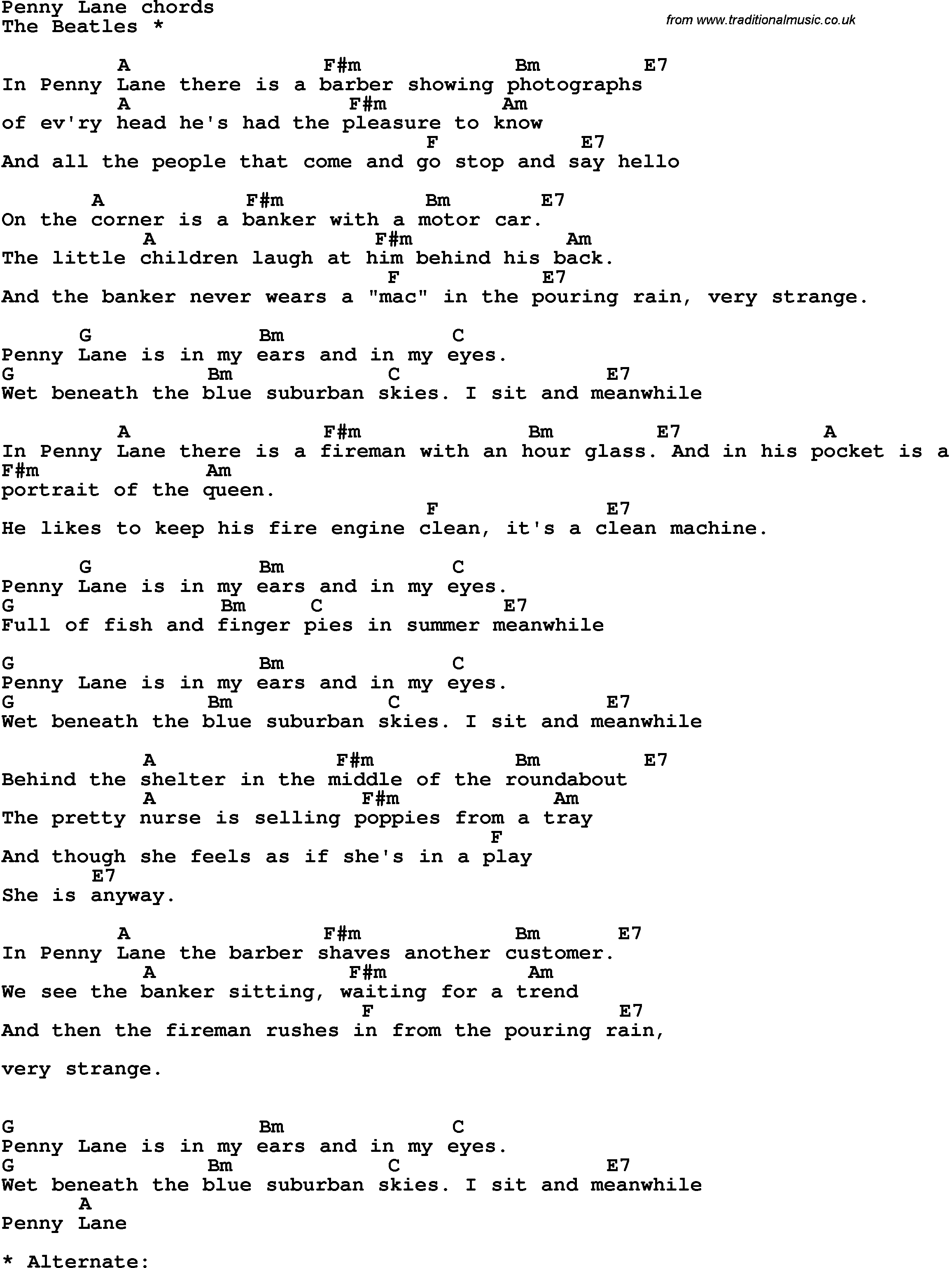 Song Lyrics with guitar chords for Penny Lane - The Beatles