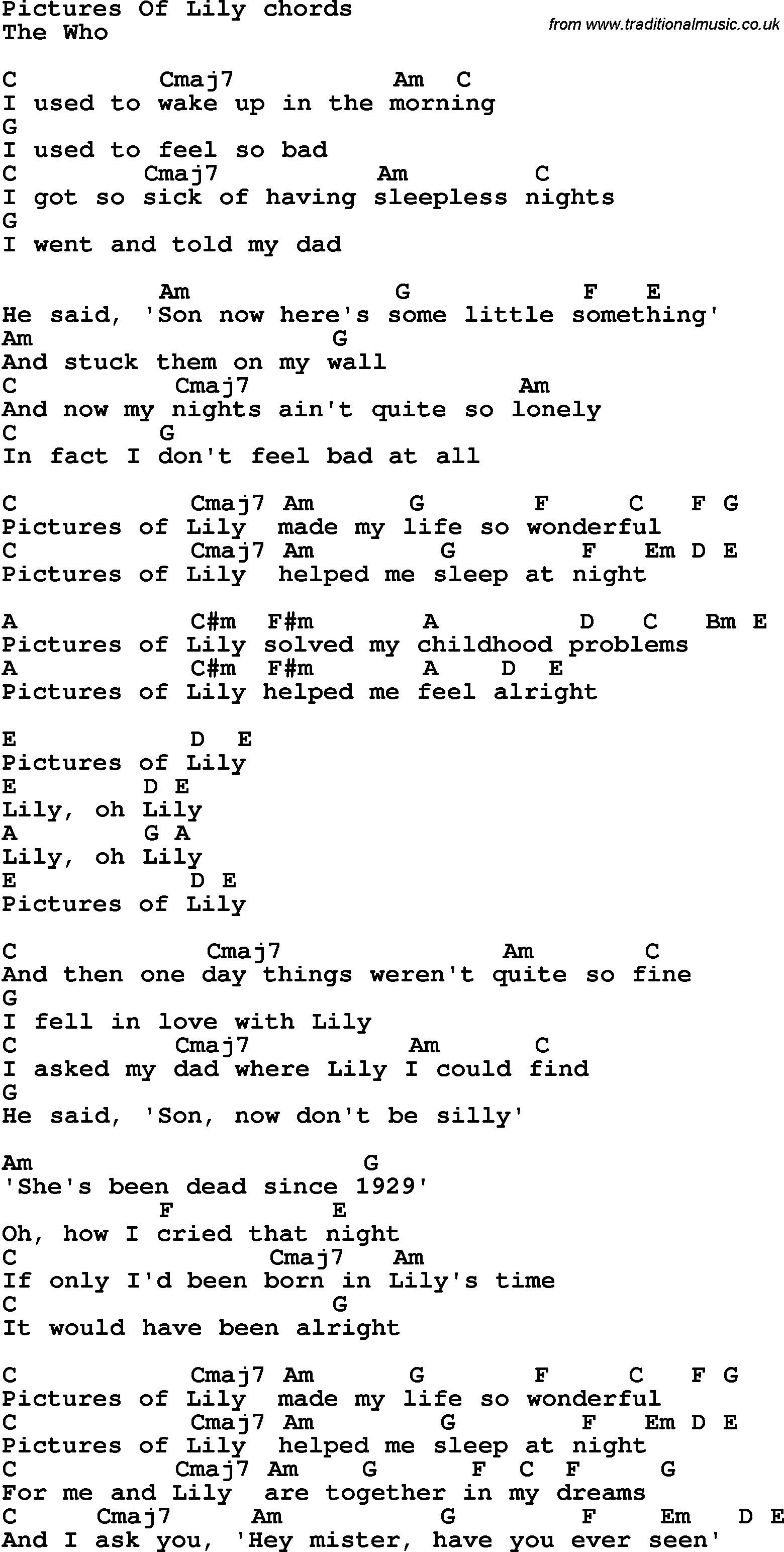 Song Lyrics with guitar chords for Pictures Of Lily