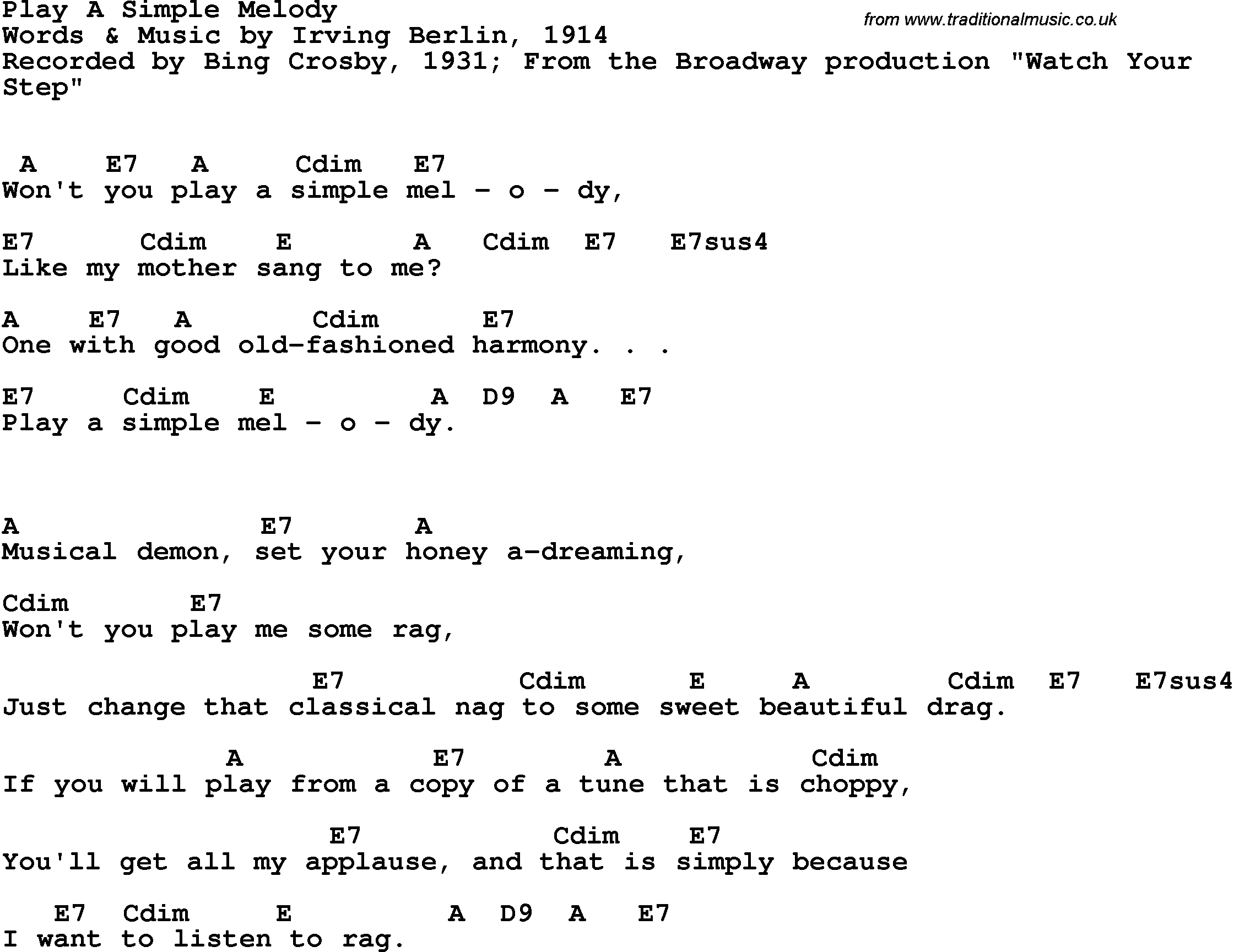 Song Lyrics with guitar chords for Play A Simple Melody - Bing Crosby, 1931
