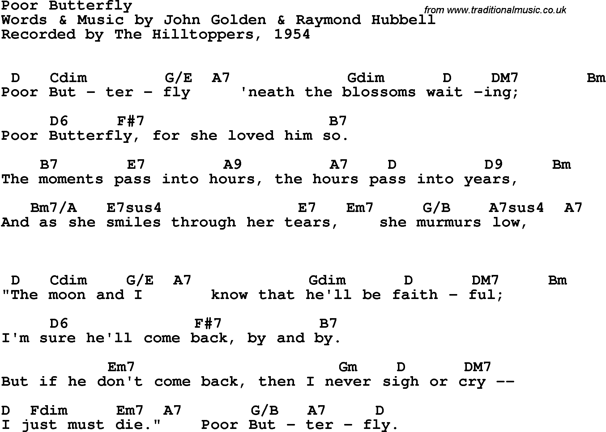 Song Lyrics with guitar chords for Poor Butterfly - The Hilltoppers, 1954
