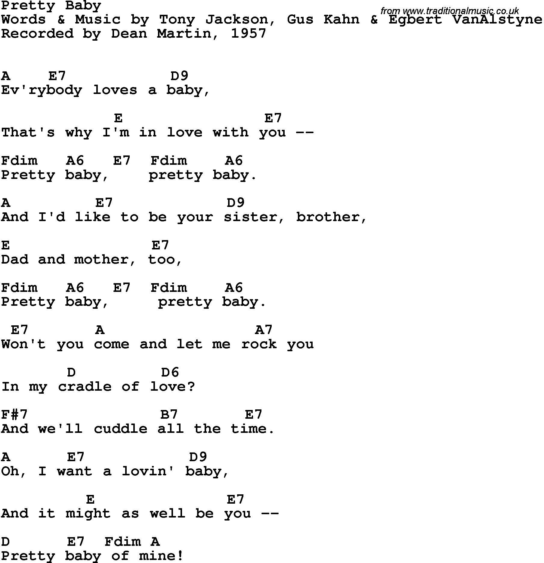 Song Lyrics with guitar chords for Pretty Baby - Dean Martin, 1957