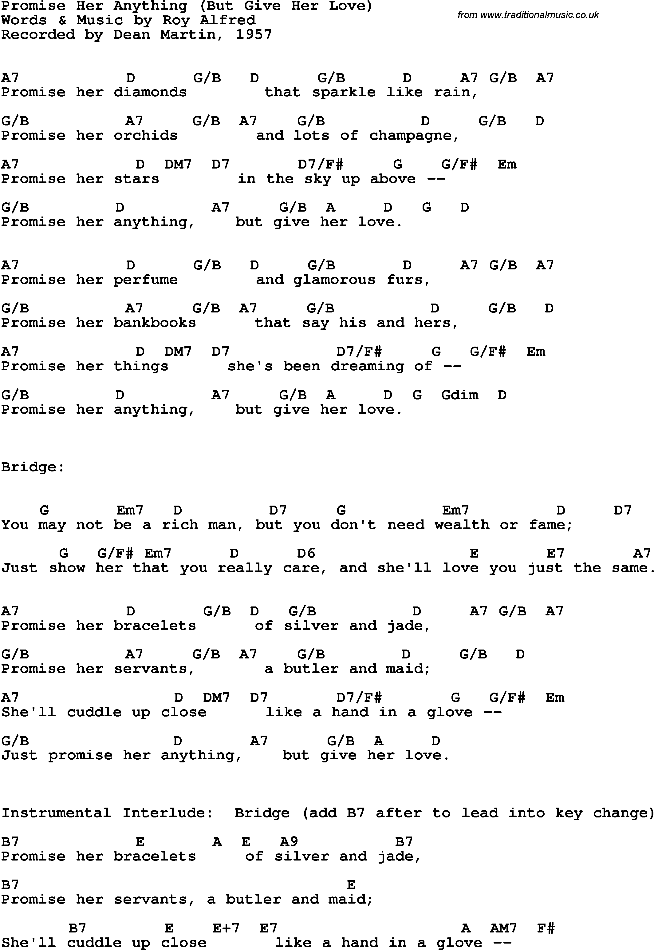 Song Lyrics with guitar chords for Promise Her Anything - Dean Martin, 1957