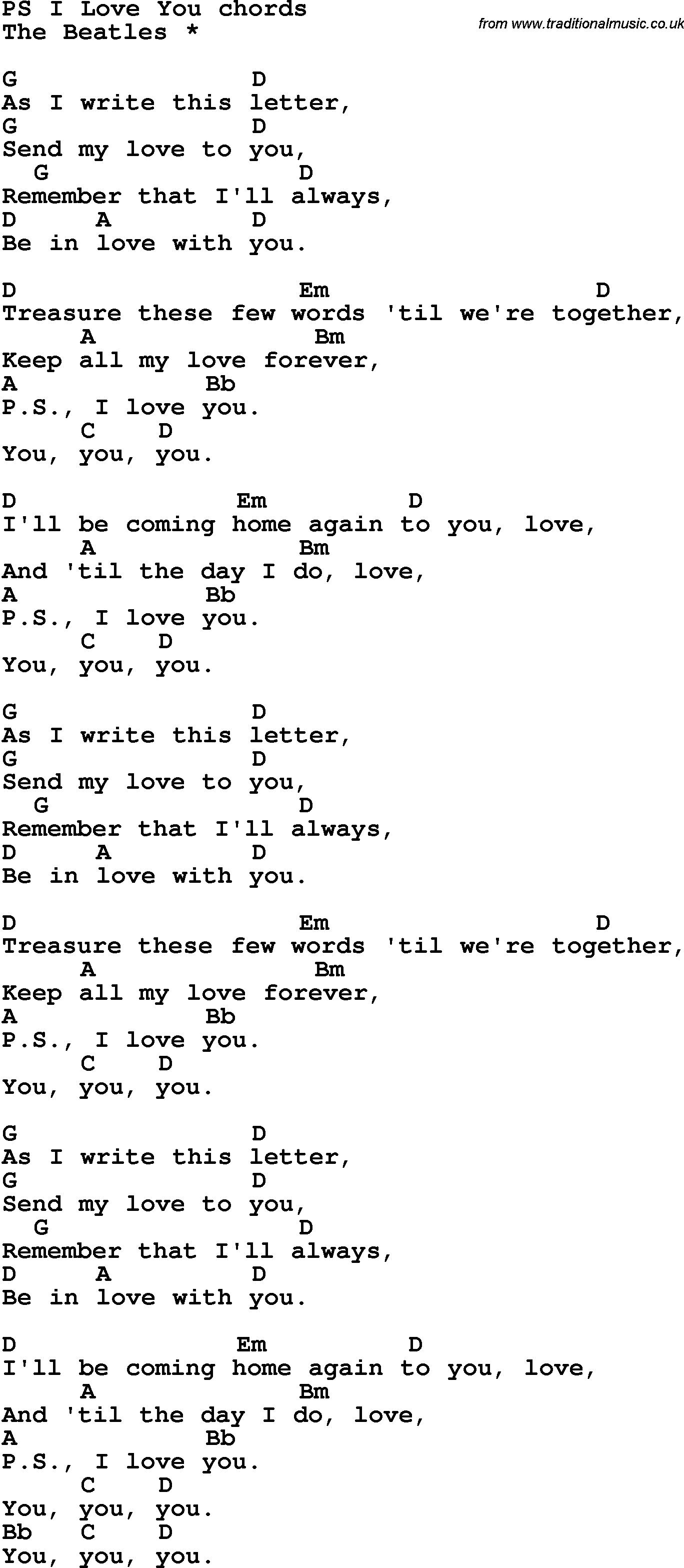 Song Lyrics with guitar chords for Ps I Love You - The Beatles