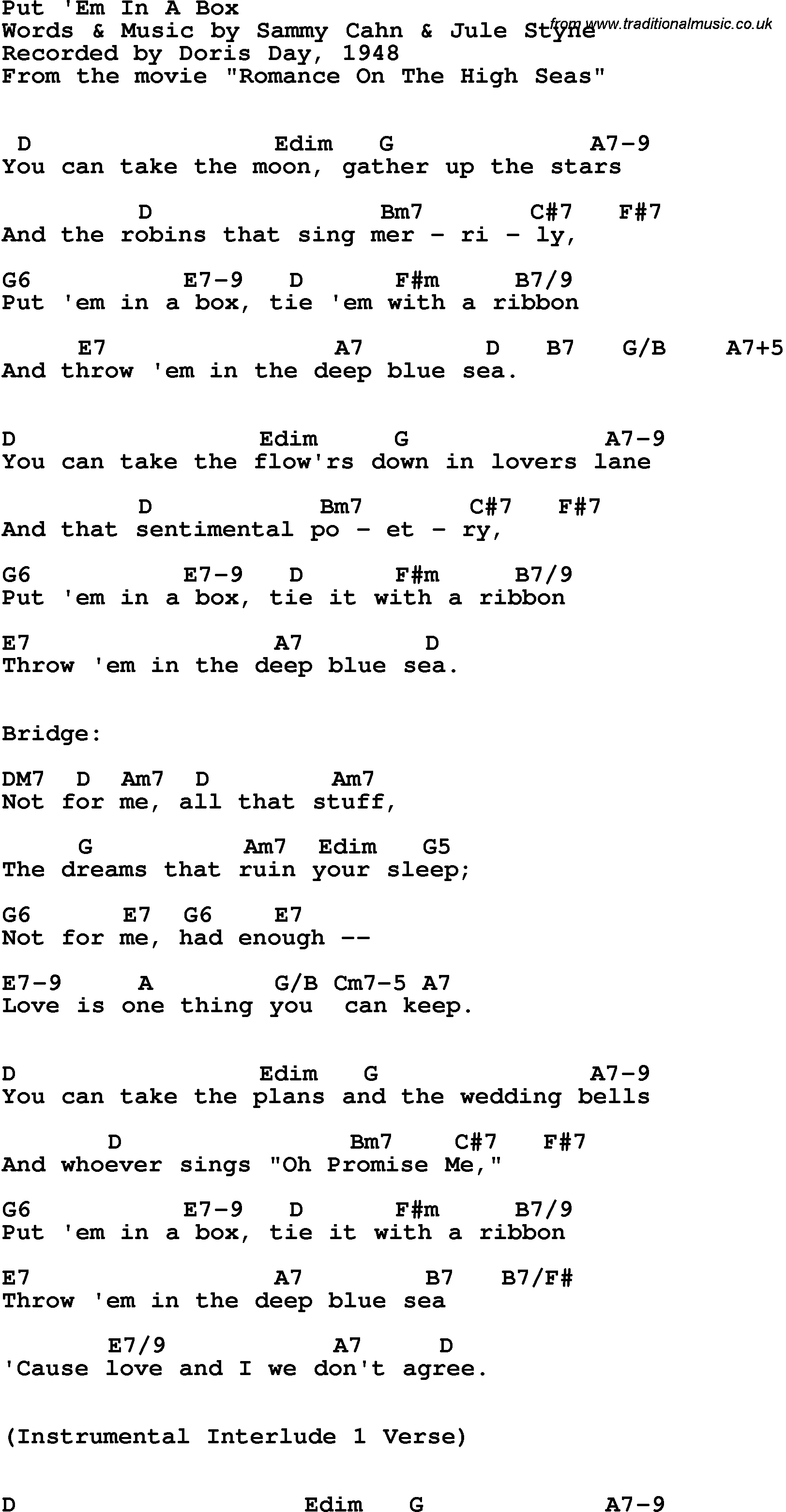 Song Lyrics with guitar chords for Put 'em In A Box - Doris Day, 1948