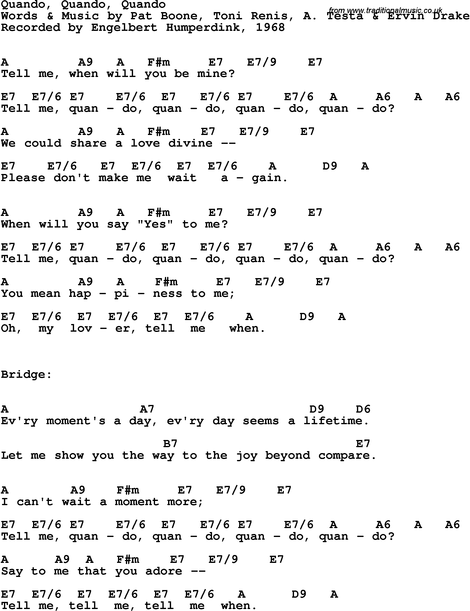 Song Lyrics with guitar chords for Quando, Quando, Quando - Englebert Humperdink, 1968
