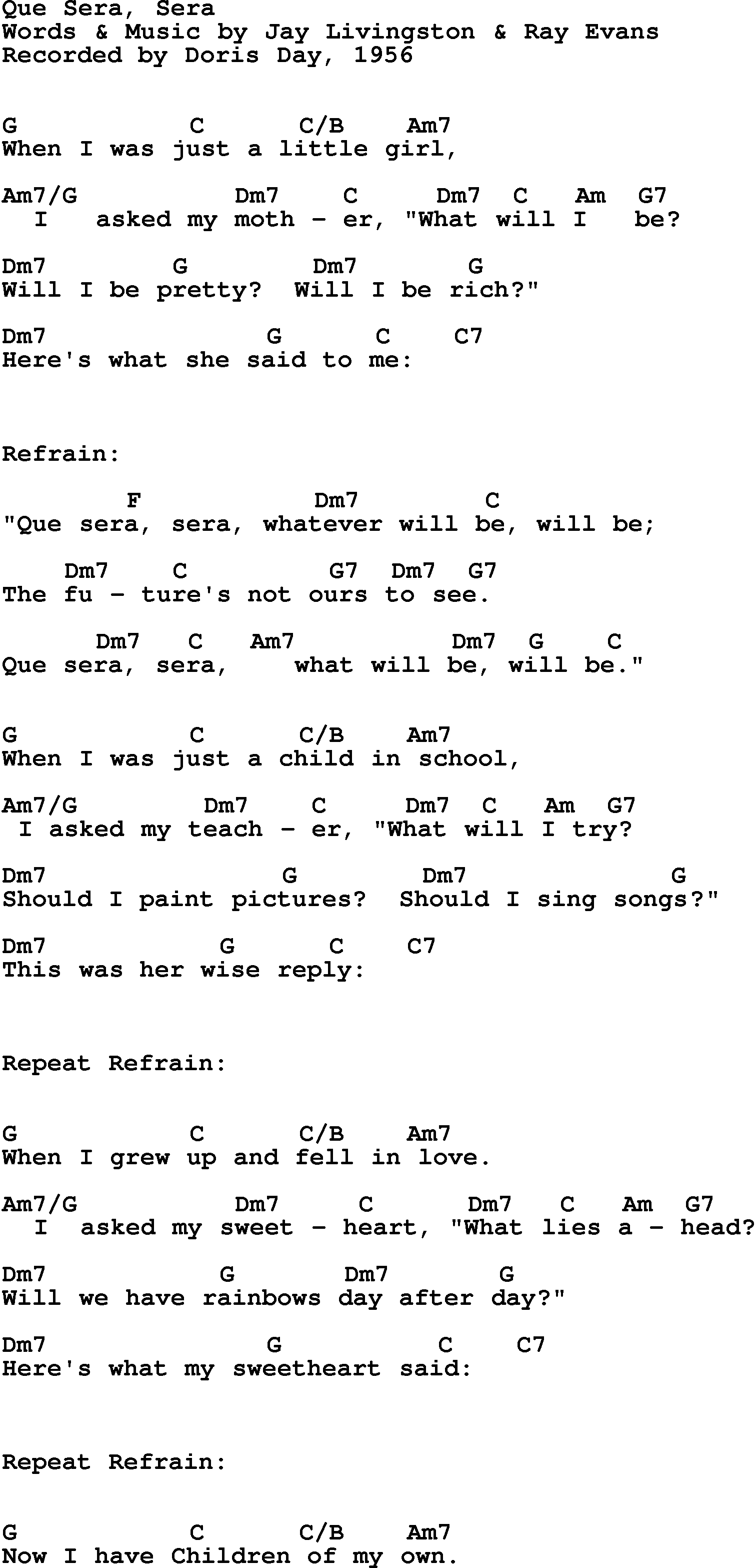 Song Lyrics with guitar chords for Que Sera Sera - Doris Day, 1956