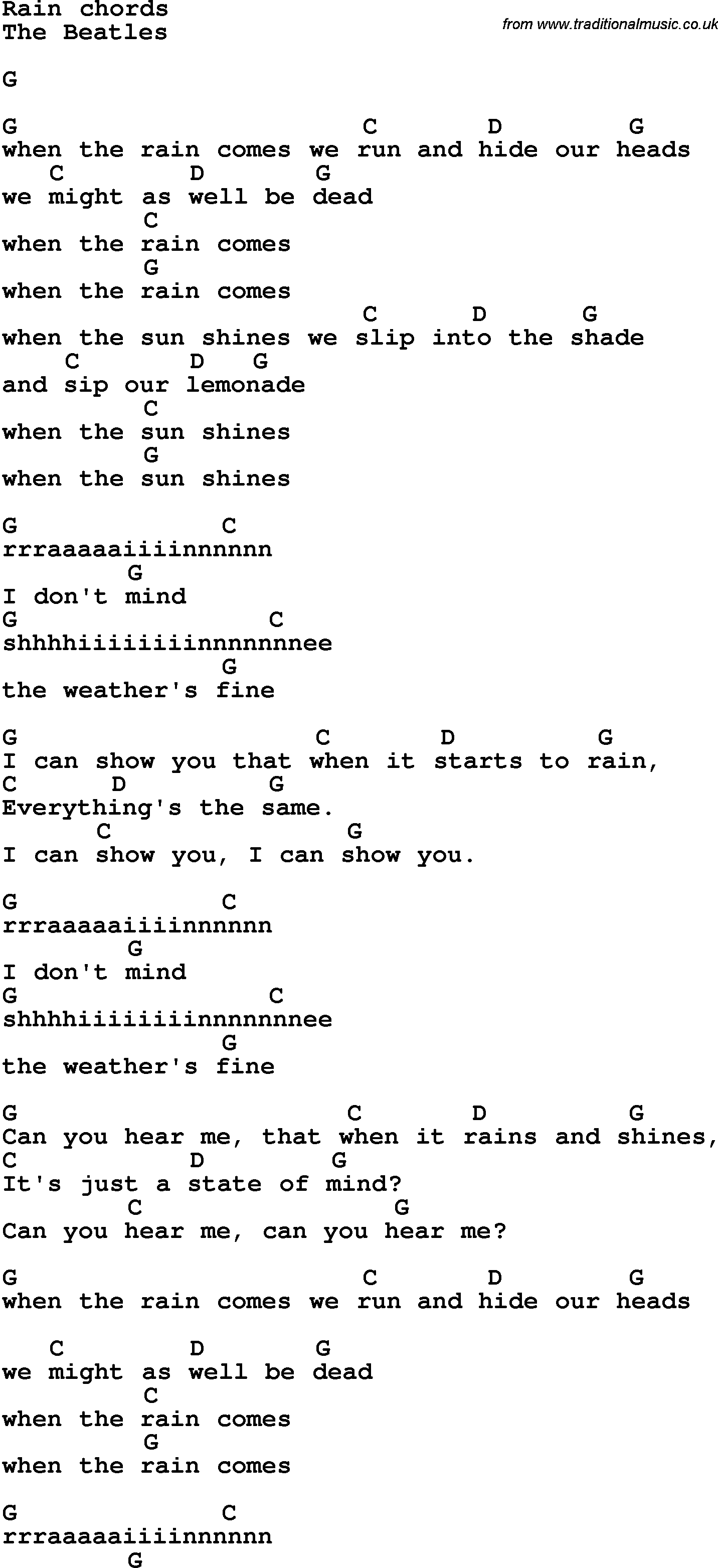 Song Lyrics with guitar chords for Rain - The Beatles