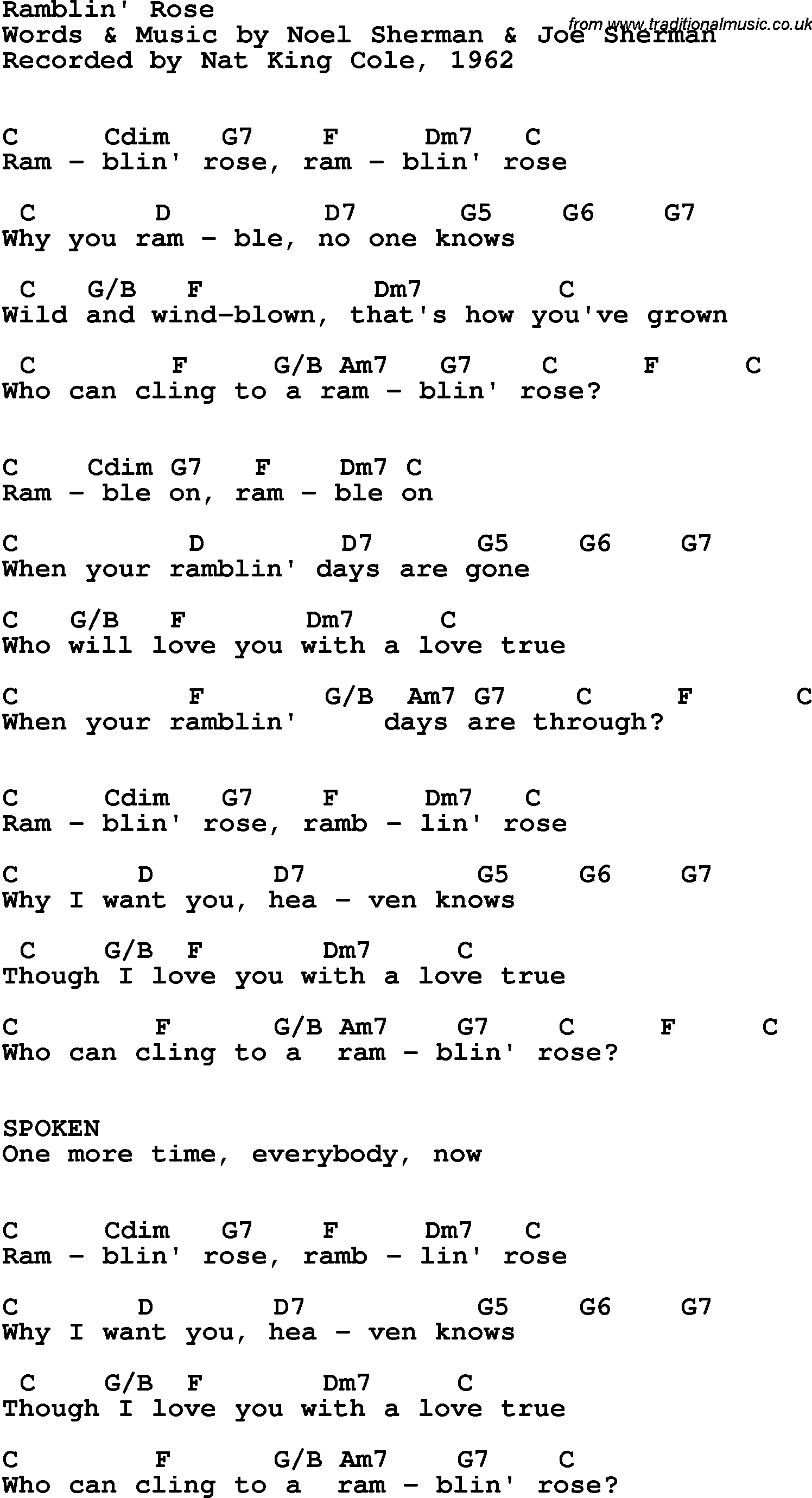 Song Lyrics with guitar chords for Ramblin' Rose - Nat King Cole, 1962