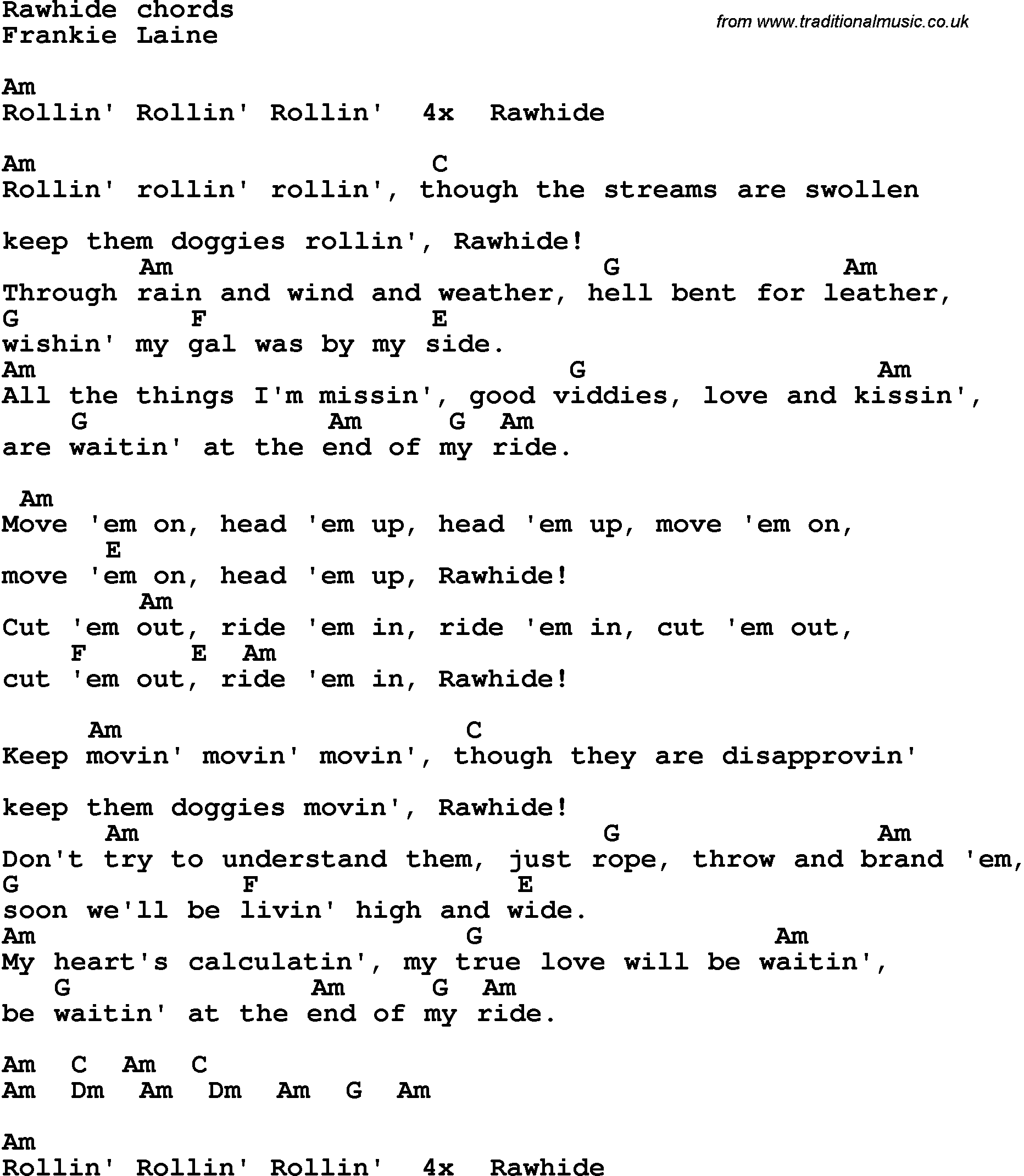 Song Lyrics with guitar chords for Rawhide