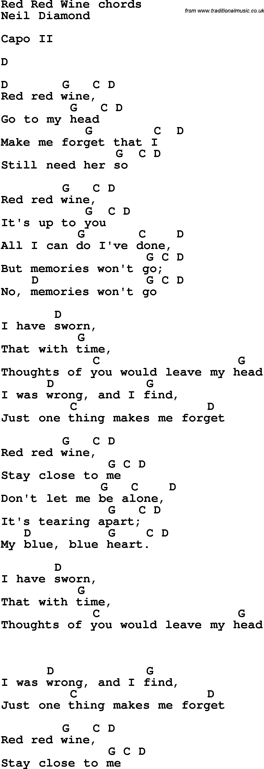 Song Lyrics with guitar chords for Red Red Wine