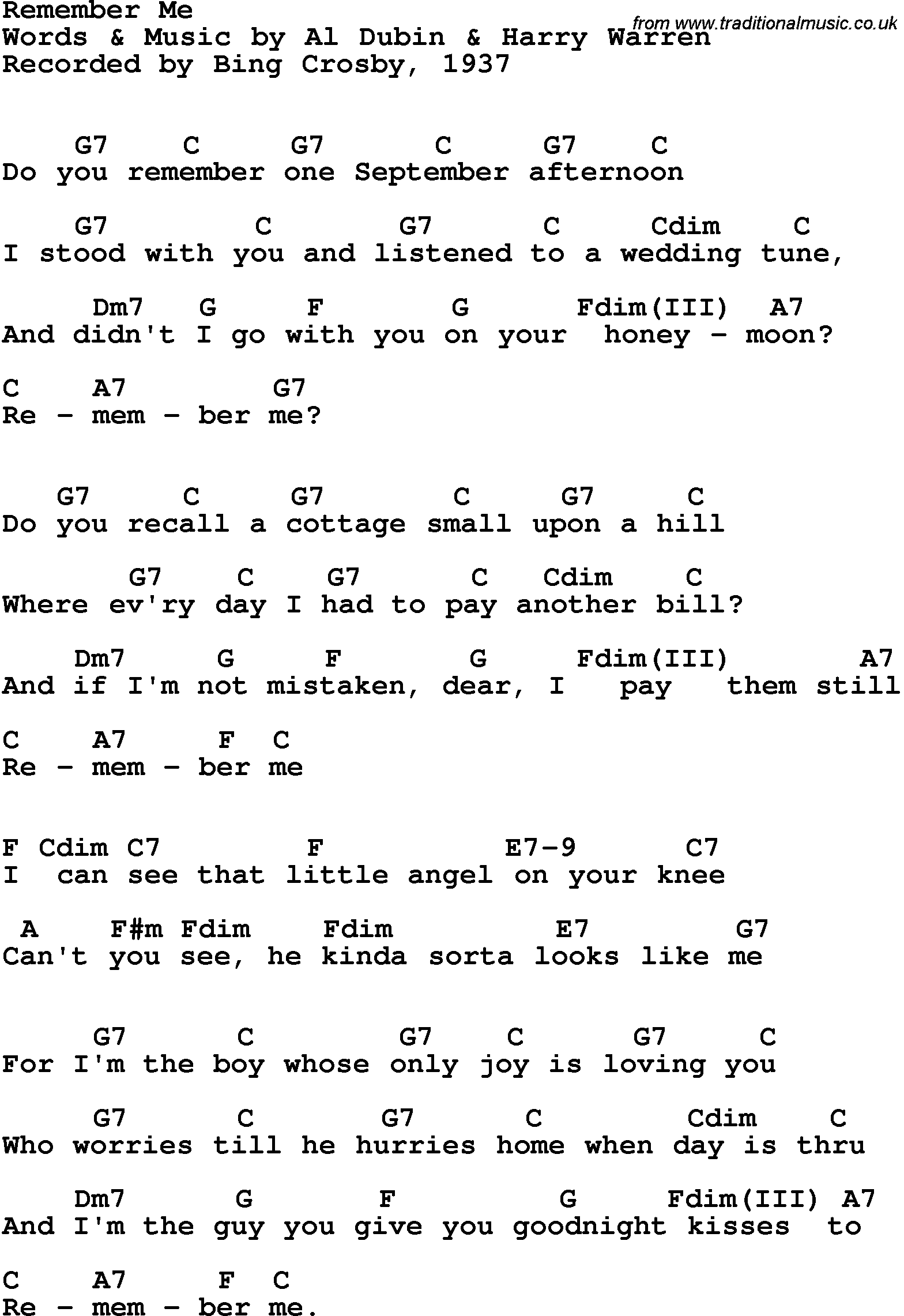 Song Lyrics with guitar chords for Remember Me - Bing Crosby, 1937