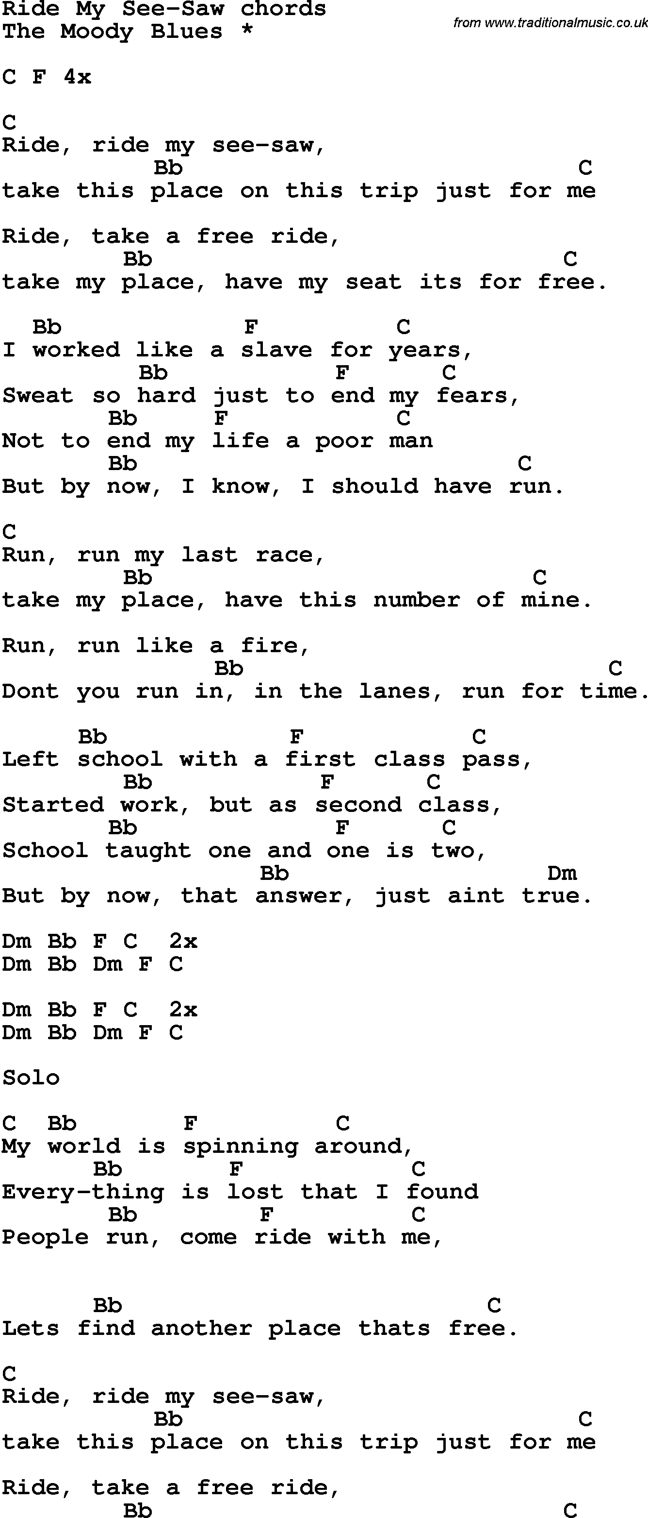 Song Lyrics with guitar chords for Ride My See-saw