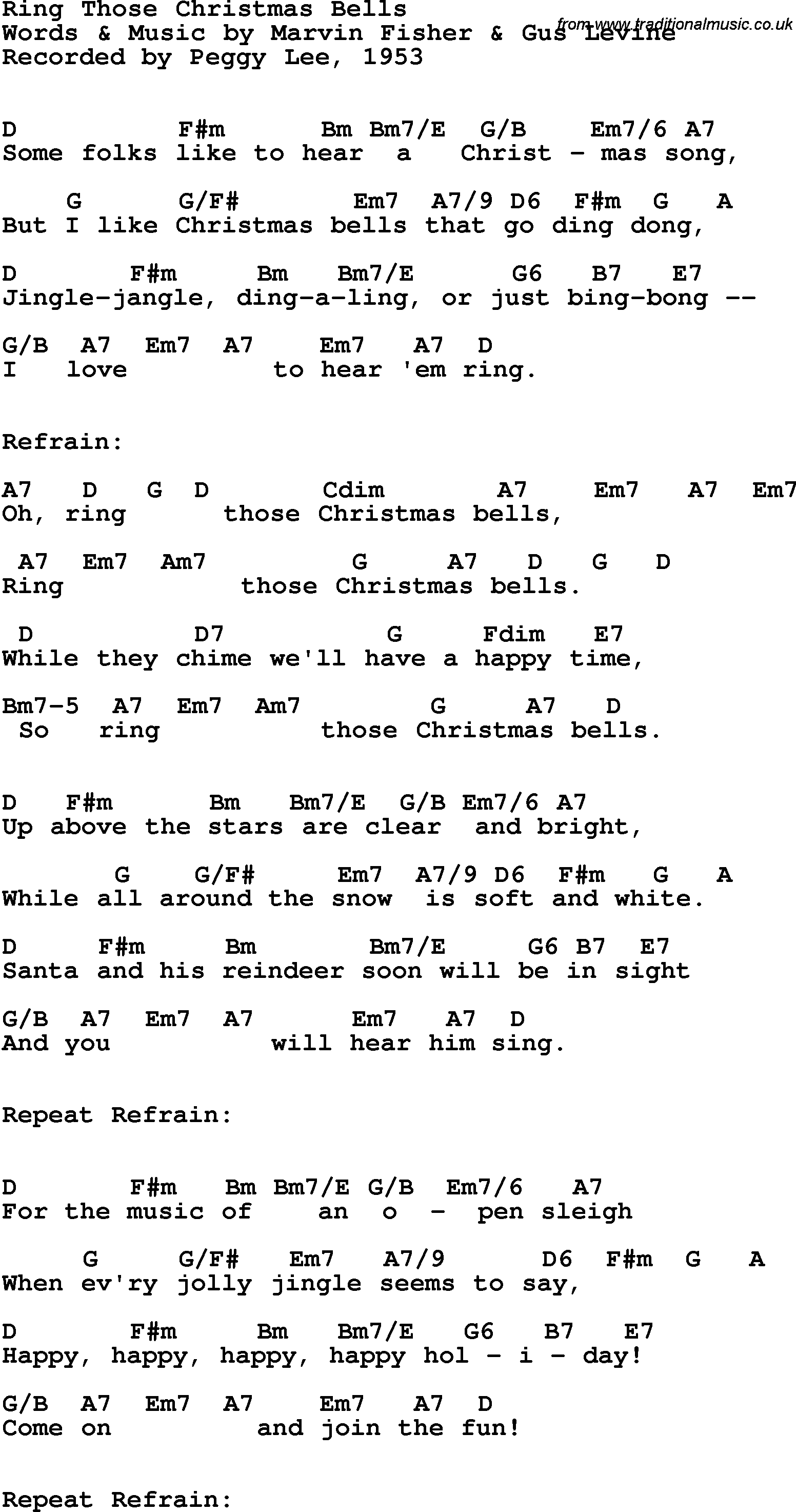 Song Lyrics with guitar chords for Ring Those Christmas Bells - Peggy Lee, 1953