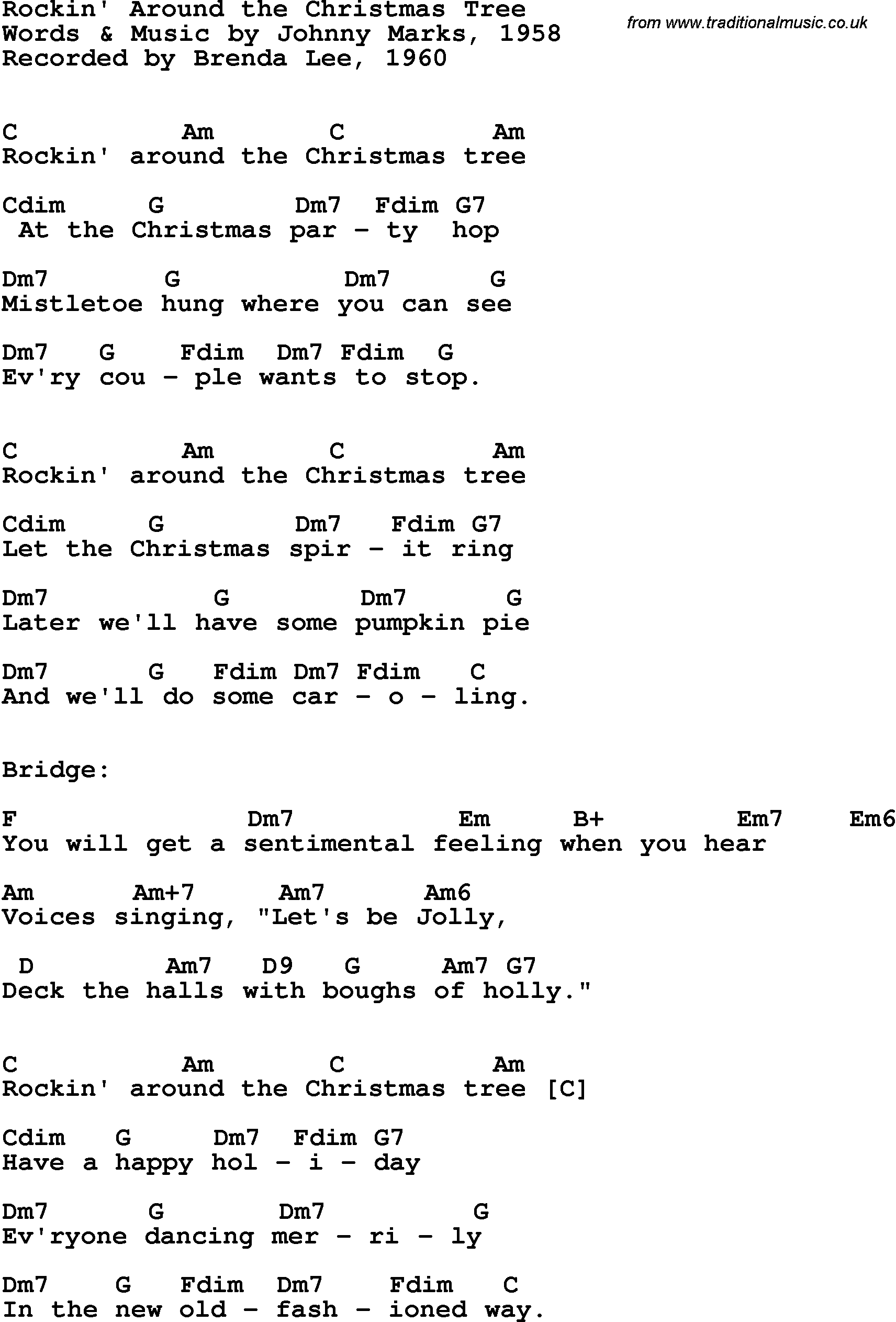 Song lyrics with guitar chords for Rockin' Around The Christmas Tree - Brenda  Lee, 1960