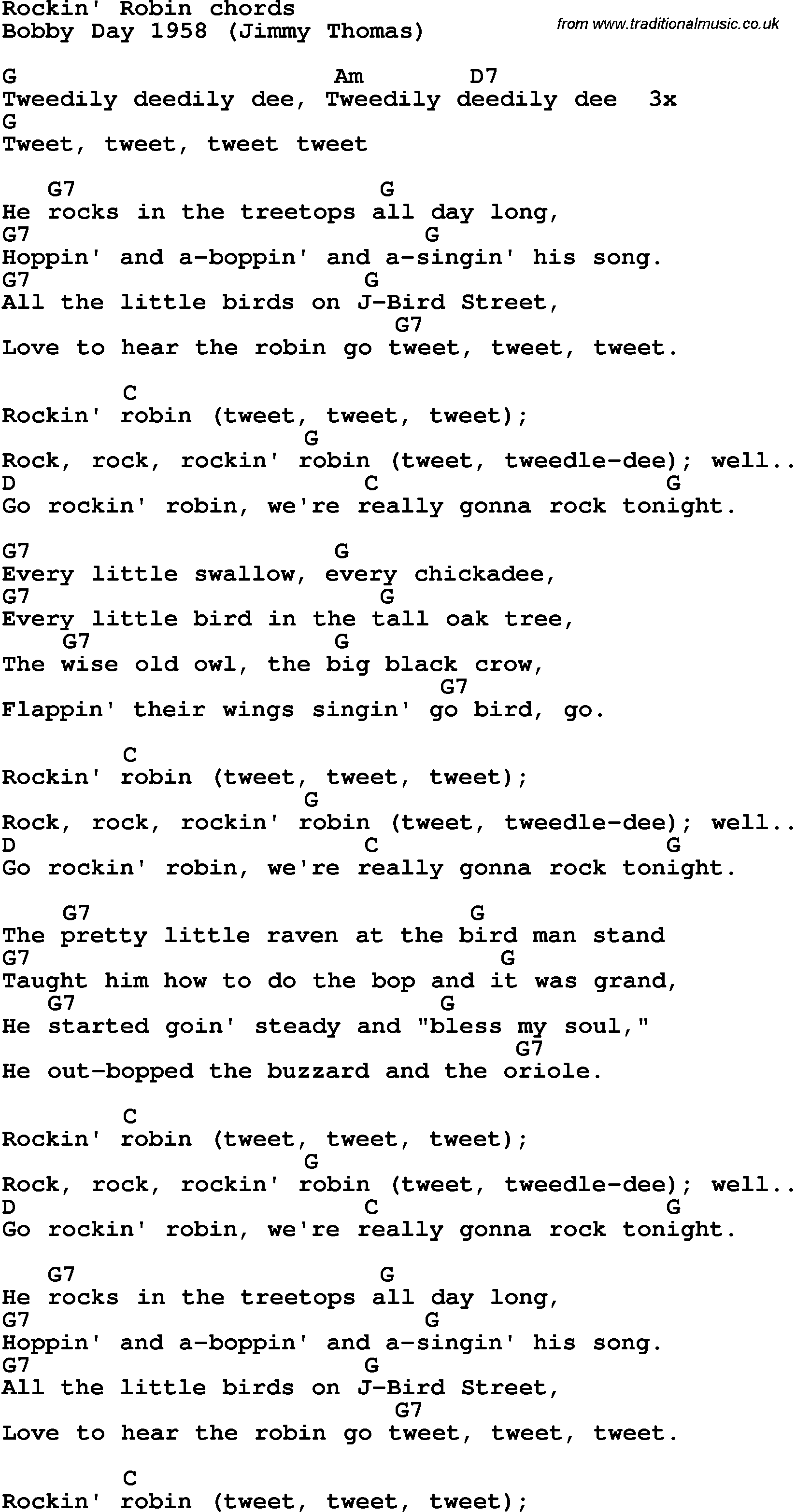 Song Lyrics with guitar chords for Rockin Robin