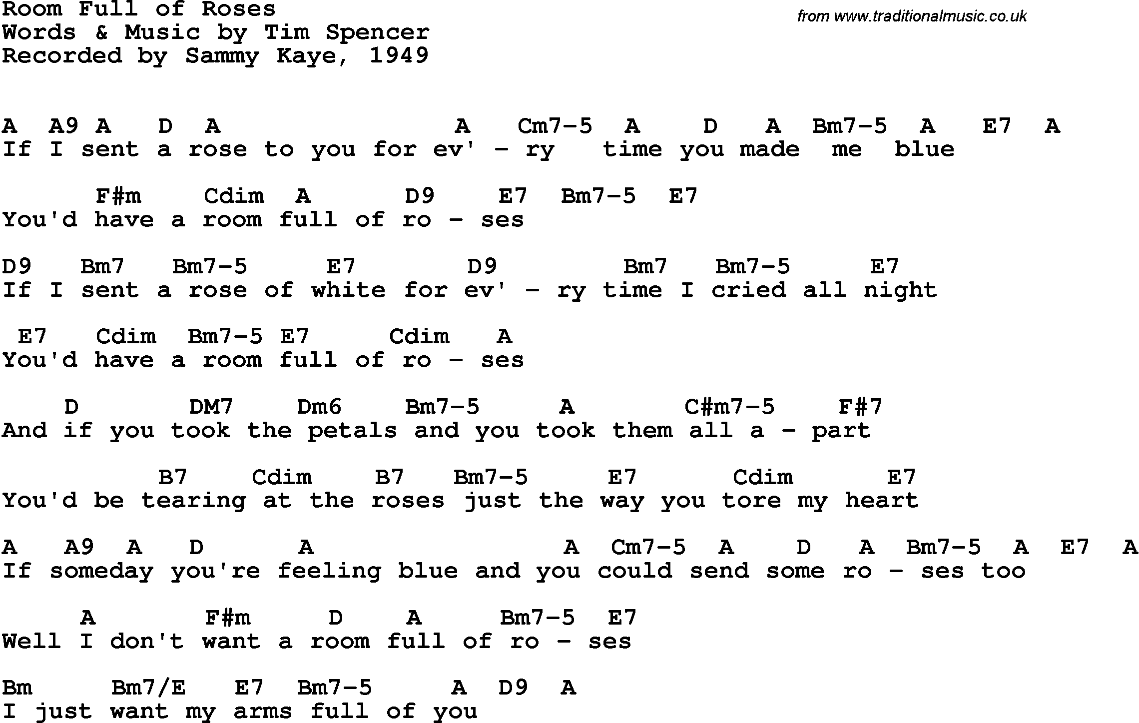 Song Lyrics with guitar chords for Room Full Of Roses - Sammy Kaye, 1949